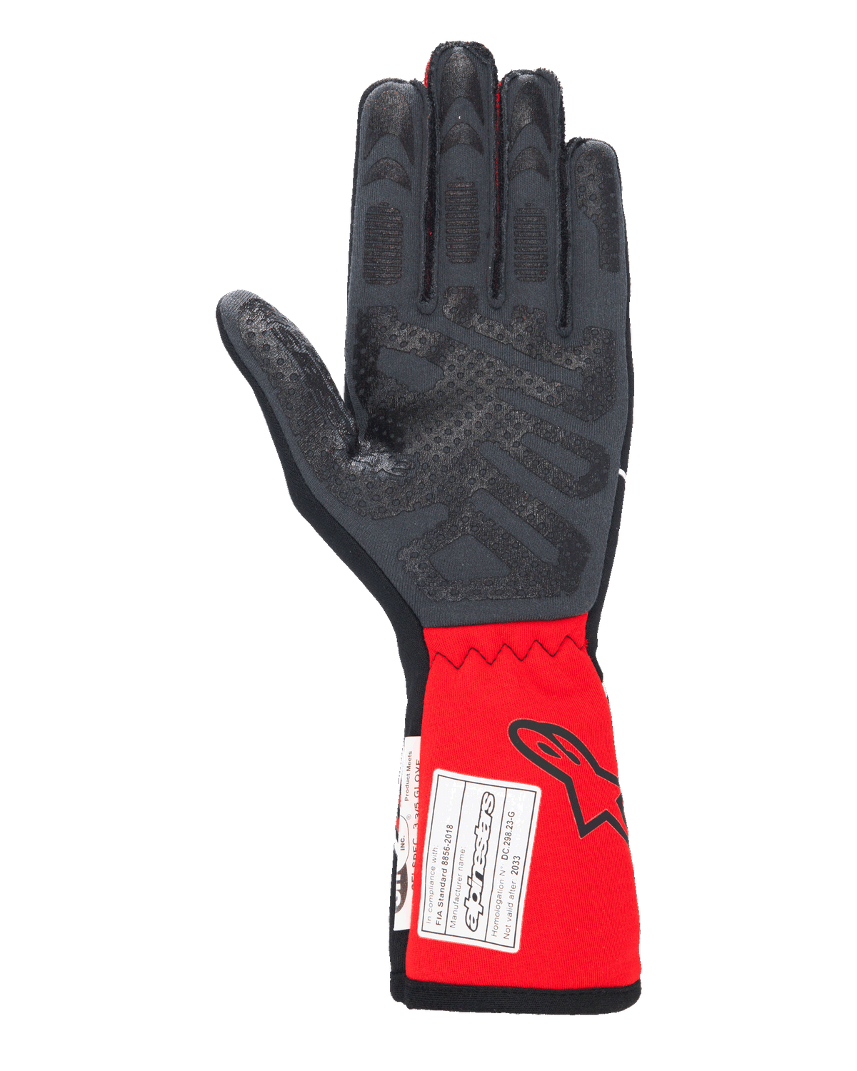 Luvas Alpinestars Tech-1 Race V4, luvas de automobilismo, pretas e vermelhas, vista da palma realçando os padrões de aderência em silicone nos dedos e na palma, punho estendido vermelho com logótipo Alpinestars e etiqueta de certificação FIA, equipamento de alta performance para desporto automóvel