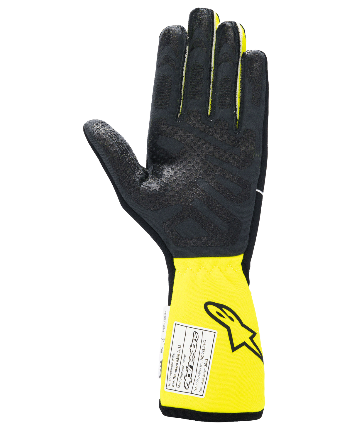 Luvas Alpinestars Tech-1 Race V4, luvas de automobilismo, preto e amarelo fluorescente, vista da palma com aderência de silicone texturizada, punho amarelo estendido com etiqueta de certificação FIA, equipamento de automobilismo de alto desempenho