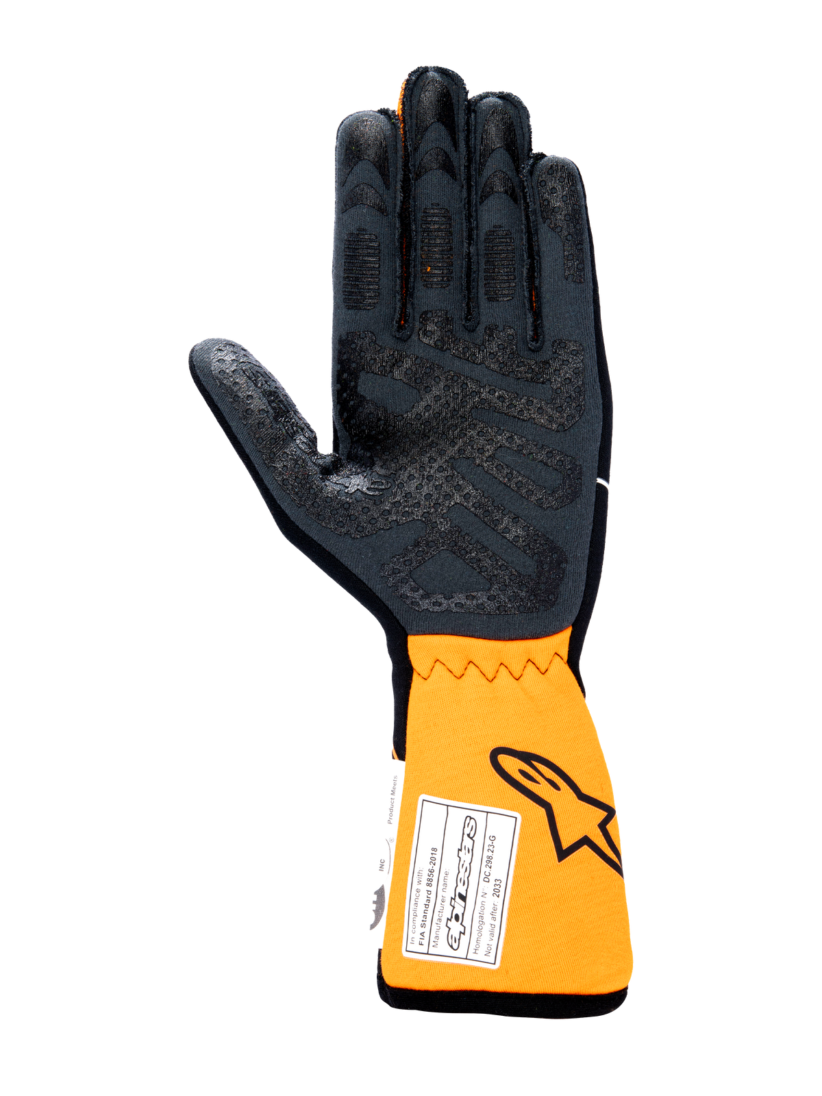 Luvas Alpinestars Tech-1 Race V4, luvas de automobilismo, vista da palma em preto e laranja fluorescente, com padrão de aderência em silicone na palma e nos dedos, punho prolongado cor de laranja com etiqueta de homologação FIA e logótipo Astars