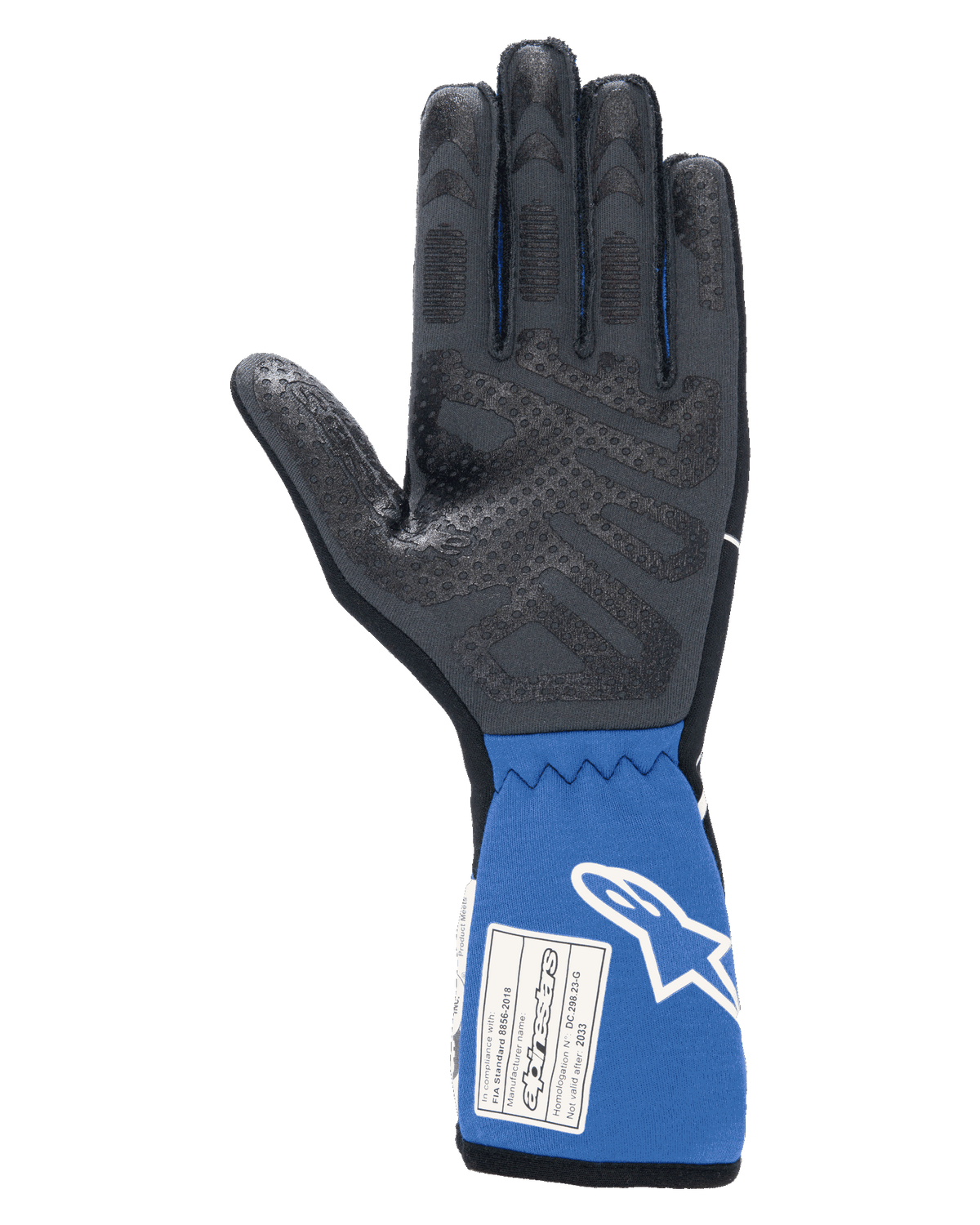 Luvas Alpinestars Tech-1 Race V4, pretas e azuis, vista interior da palma com padrão de aderência em silicone texturizado, punho azul estendido com etiqueta de certificação FIA e logótipo Alpinestars branco, equipamento profissional de automobilismo