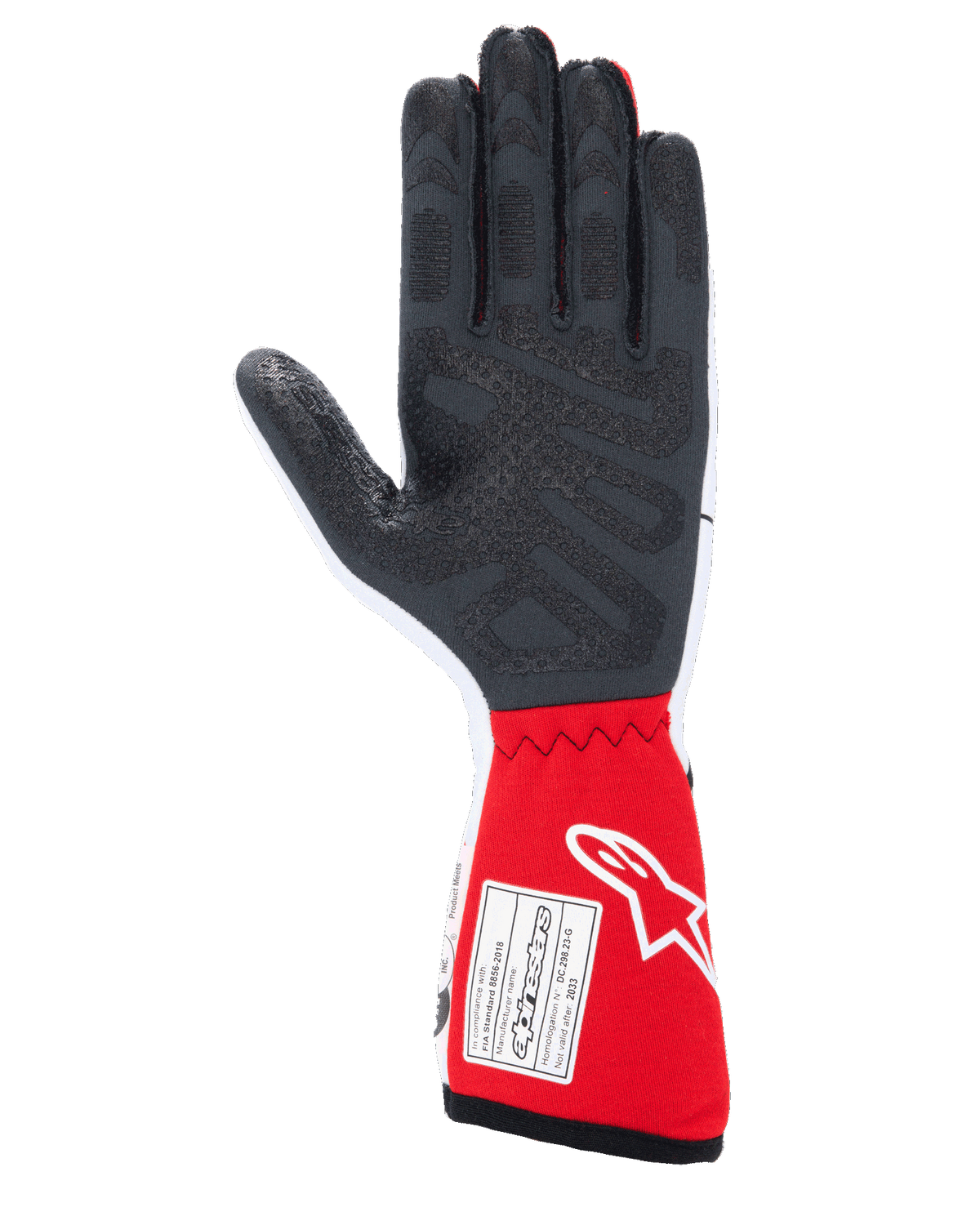 Luvas Alpinestars Tech-1 Race V4, luvas de automobilismo, brancas e vermelhas, vista da palma com padrões de aderência em silicone preto texturizado e uma etiqueta de certificação FIA 8856-2018 no punho longo vermelho, equipamento profissional de desportos motorizados