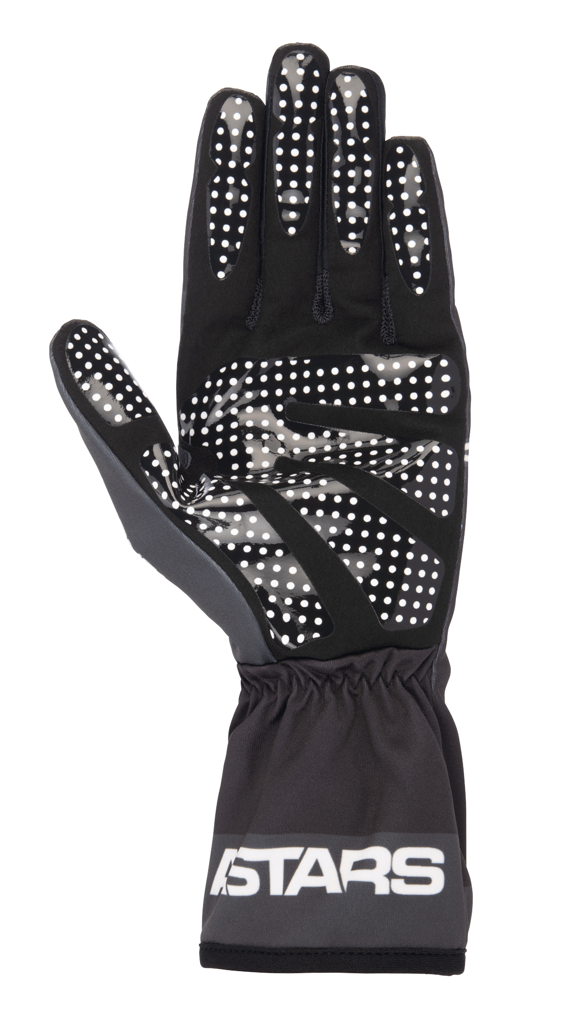 Luvas Alpinestars Tech-1 K Race V2 One Vision, pretas e cinzento Tar Gray, vista da palma com padrão de aderência de pontos de silicone brancos, punho elástico com logótipo ASTARS, equipamento leve para karting
