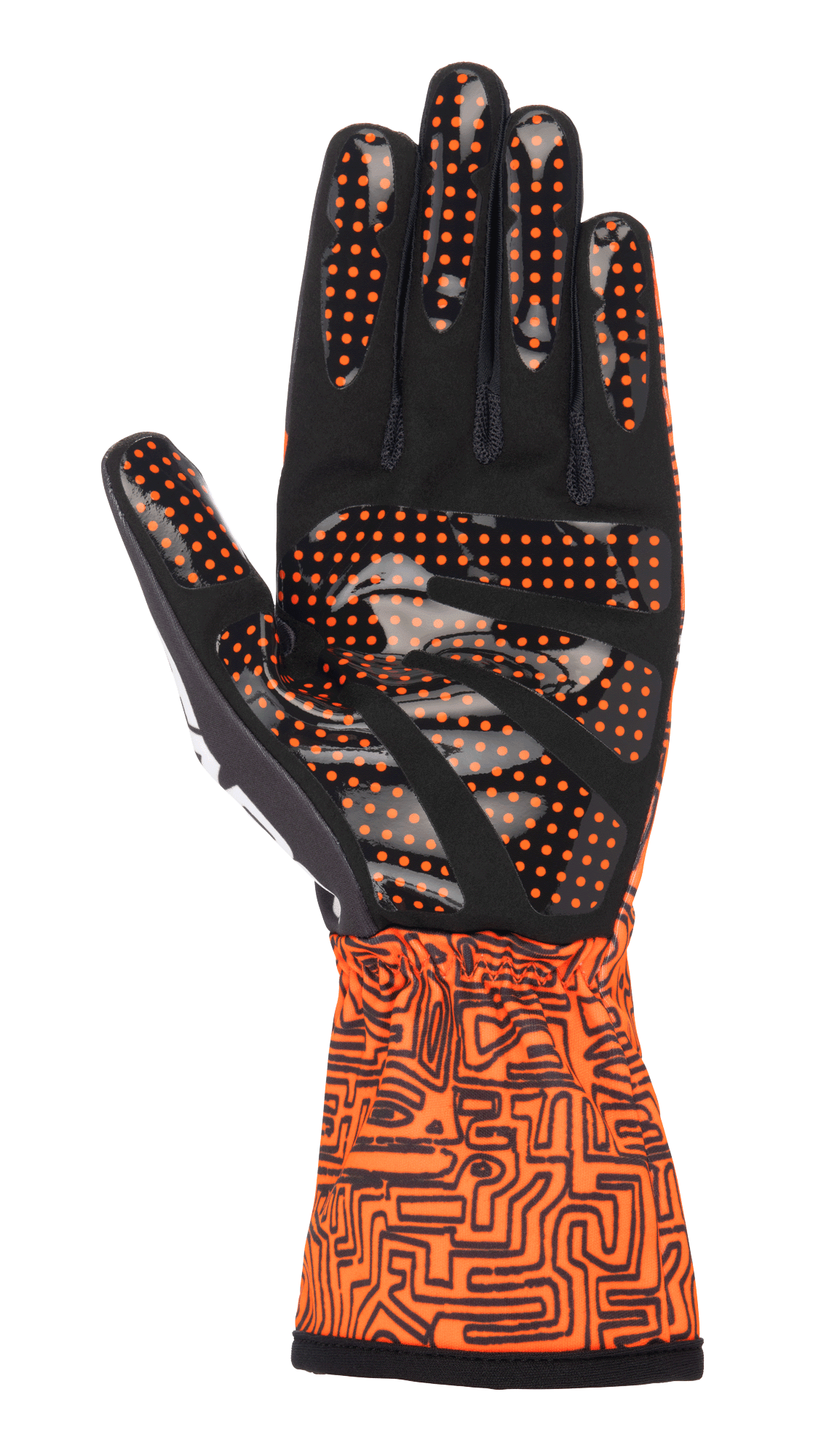 Luvas Alpinestars Tech-1 K Race V2 Vertical, luvas de karting, laranja fluo e preto, vista da palma em camurça sintética preta com aderência de pontos de silicone laranja, punho de manopla com padrão gráfico preto intrincado, concebidas para controlo de precisão em karting