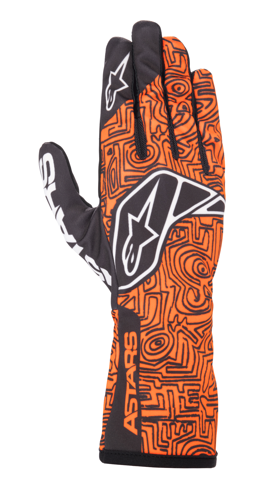 Alpinestars Tech-1 K Race V2 Vertical Gloves, Karting Racing Gloves, Orange Fluo and Black, featuring an intricate black maze-like geometric pattern, white Alpinestars logo on the back and index finger, ASTARS branding on the side wrist, lightweight breathable mesh design