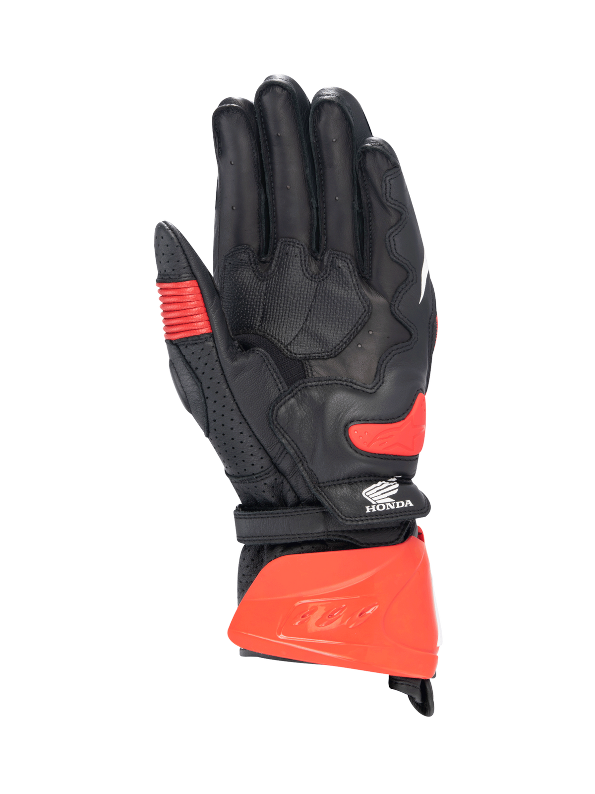 Alpinestars Honda GP Pro R3, luvas de moto para corrida, vista da palma em couro de canguru, pretas e vermelhas, certificadas CE