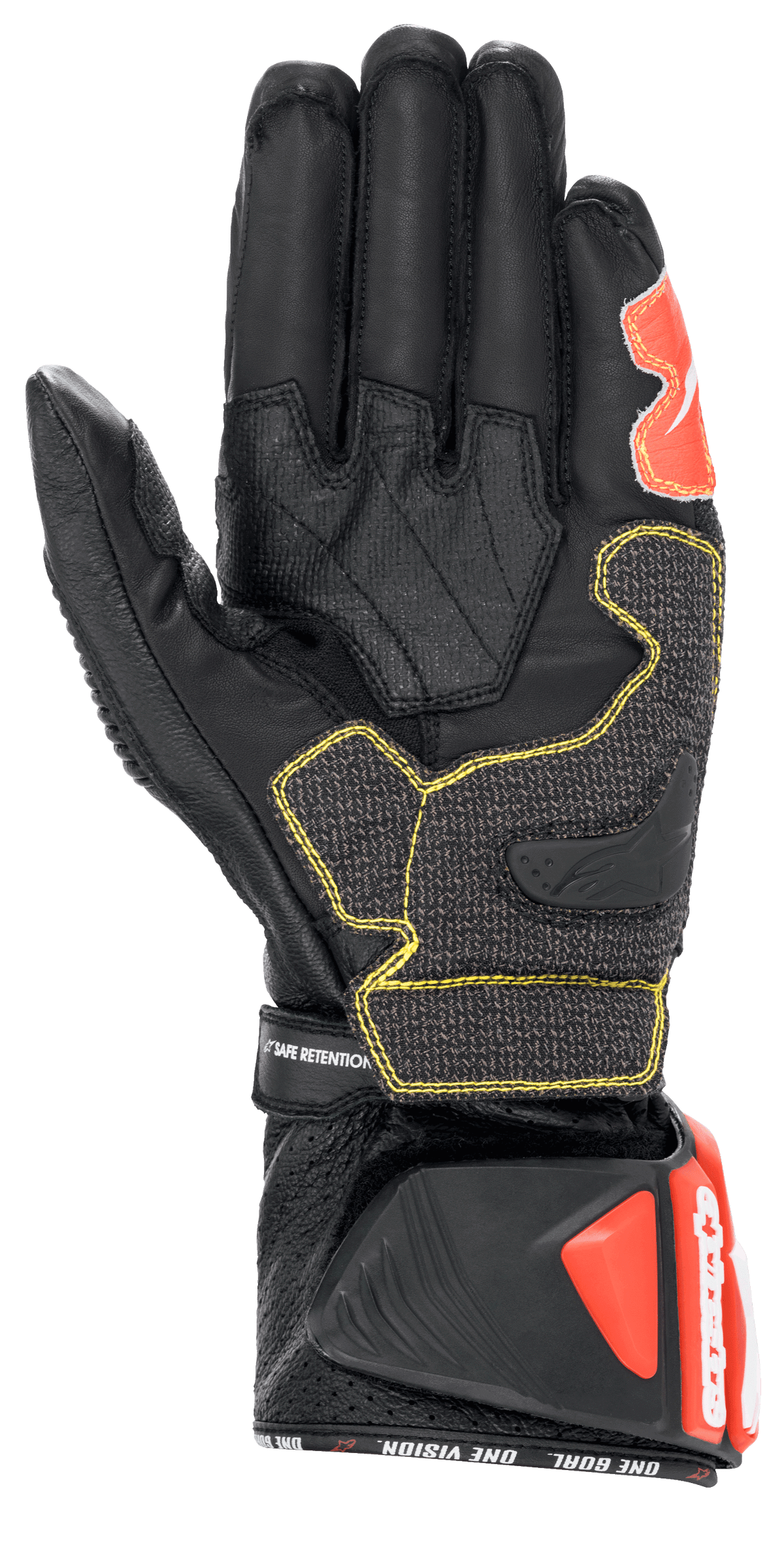 Luvas Alpinestars GP Tech V2, Pretas, Brancas e Vermelho Fluo, vista da palma mostrando a construção em couro preto com costuras amarelas contrastantes, punho DFS protetor com detalhes em vermelho, equipamento profissional de motociclismo de corrida
