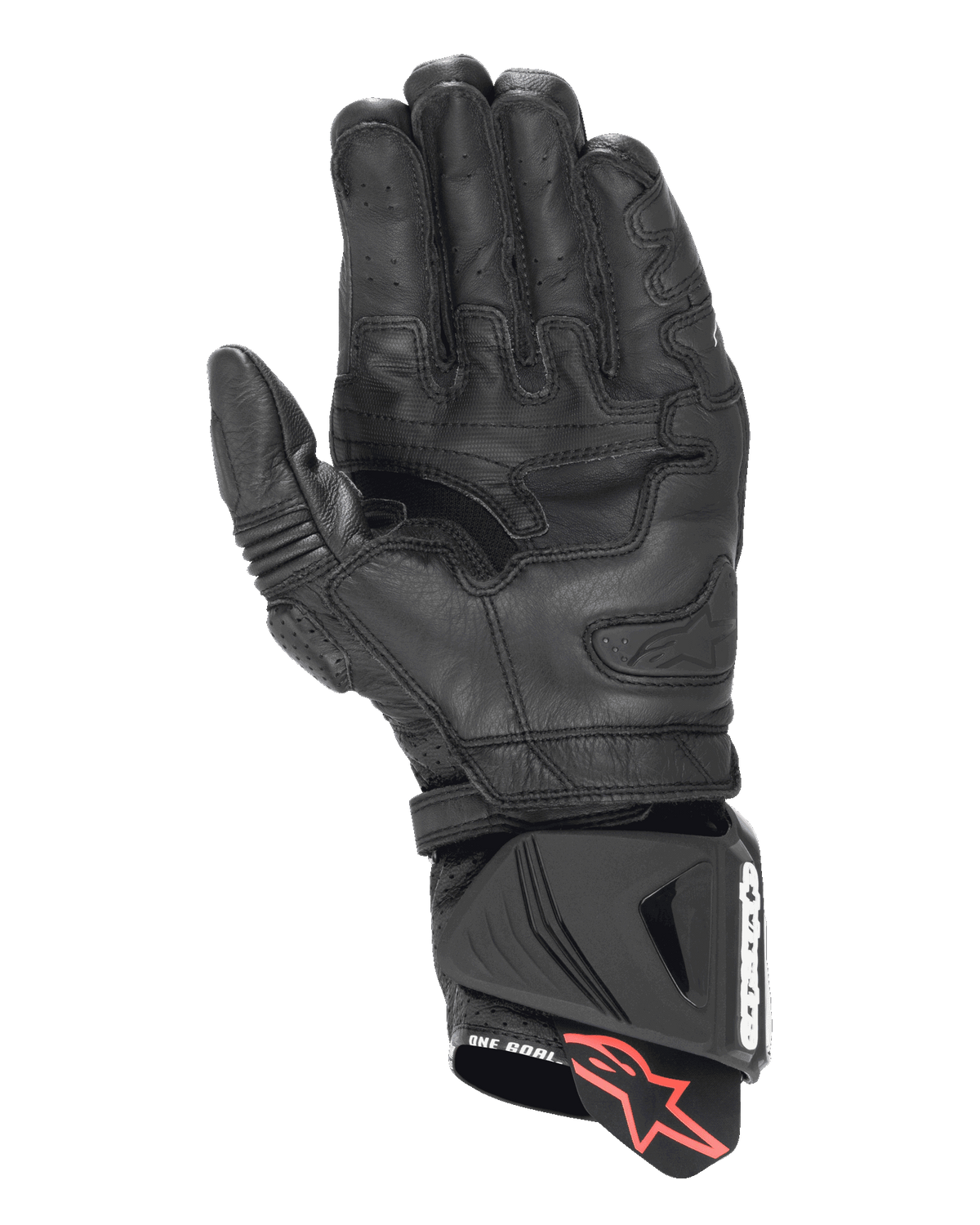 Alpinestars GP Pro R4 Gloves, Racing Gauntlet Gloves, Black, Palm view showing reinforced leather construction, perforated finger details, and DFS cuff protector with red star logo pull tab