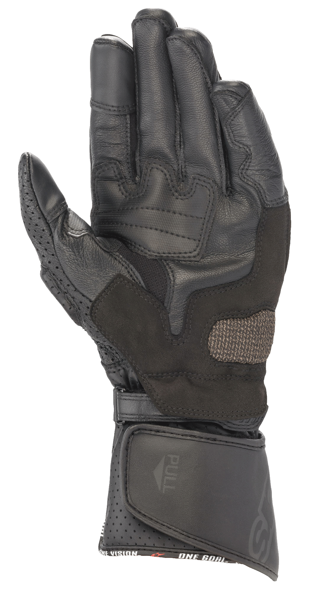 Luvas de Pele Alpinestars SP-8 V3, Pretas, vista da palma mostrando painéis de aderência reforçados, polegar perfurado e fecho de punho ajustável com velcro, proteção de alto desempenho para motociclismo de competição
