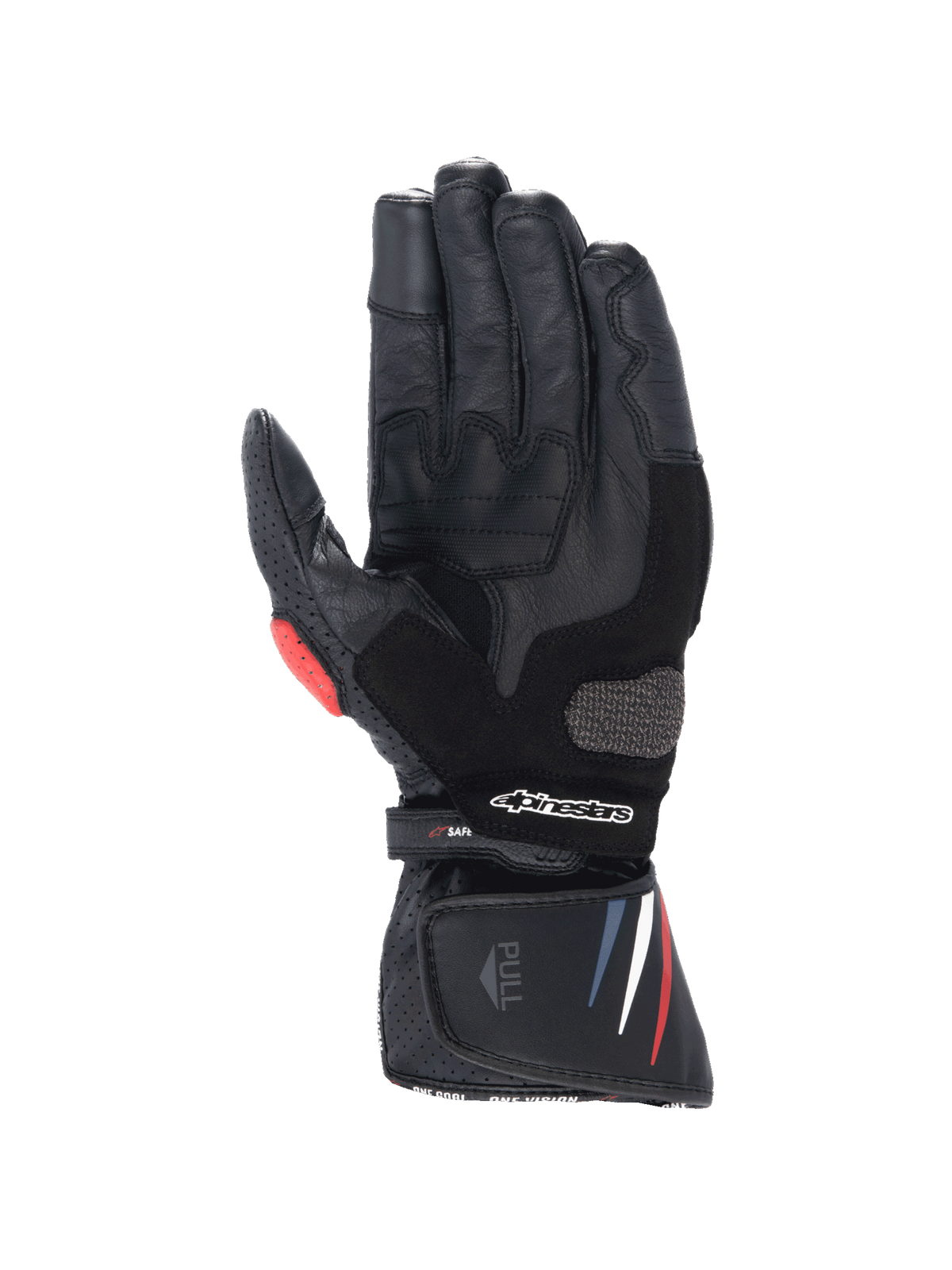 Alpinestars Honda SP-8 V3, luvas de moto em couro para homem, pretas com detalhes vermelhos e azuis e palma reforçada.