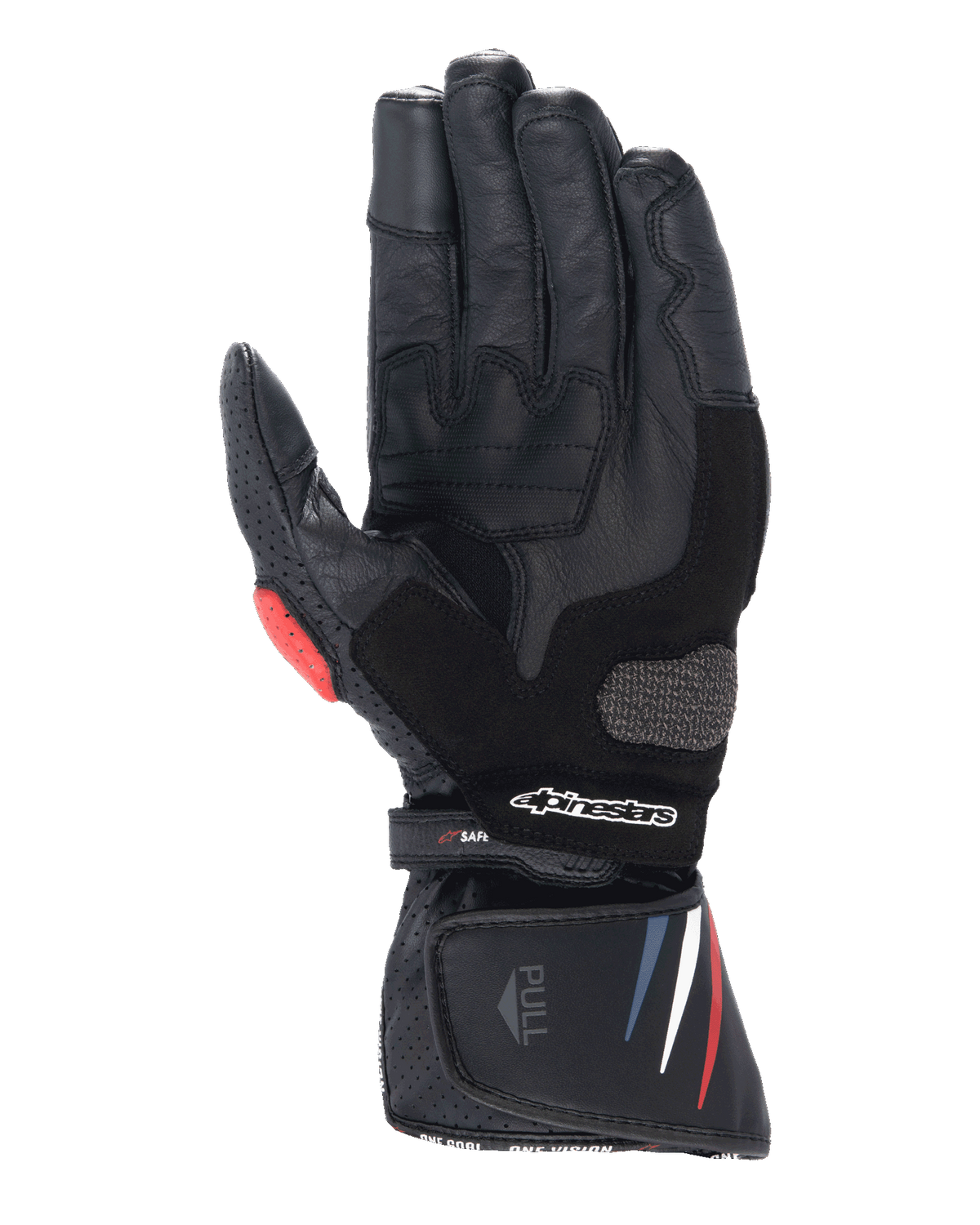 Alpinestars Honda SP-8 V3 Gloves, Motorcycle Gloves, Black with Red and Blue accents, palm view showing full-grain leather construction, reinforced palm slider, perforated details, and extended cuff with Alpinestars logo.