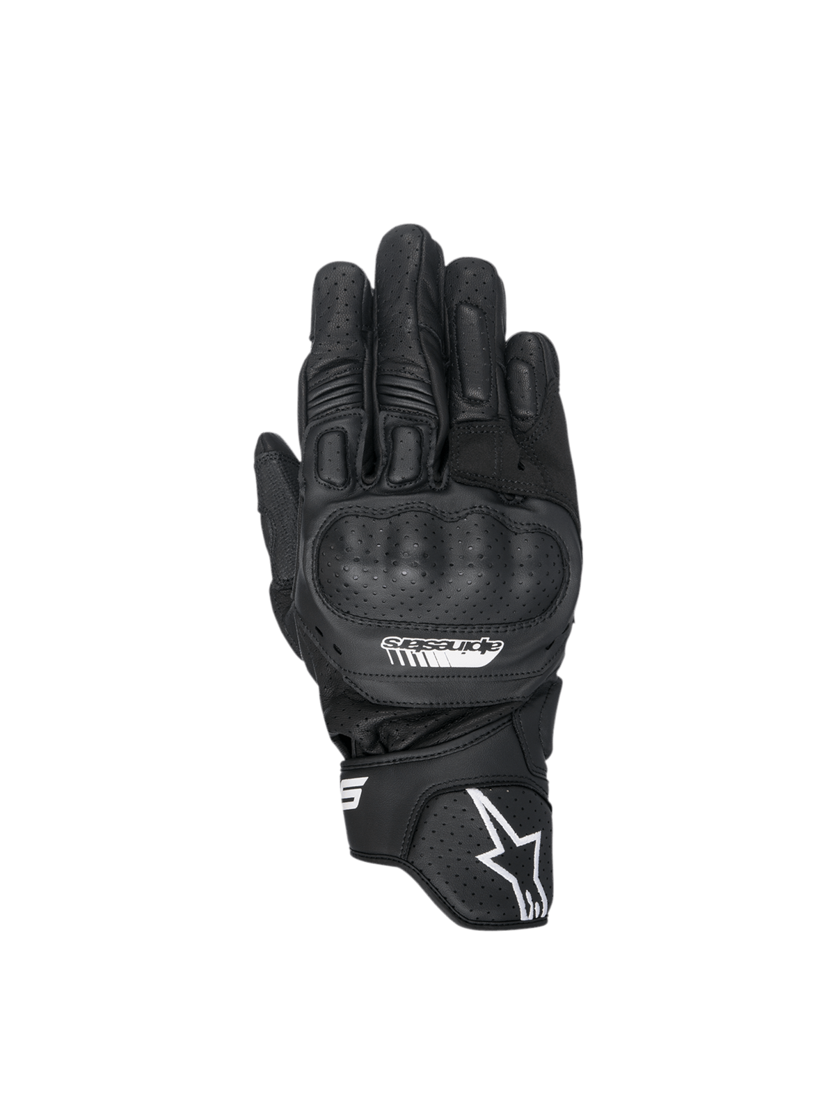 Alpinestars SP-5 Gloves, Black leather motorcycle racing gloves with polymer knuckle guards and perforated details.