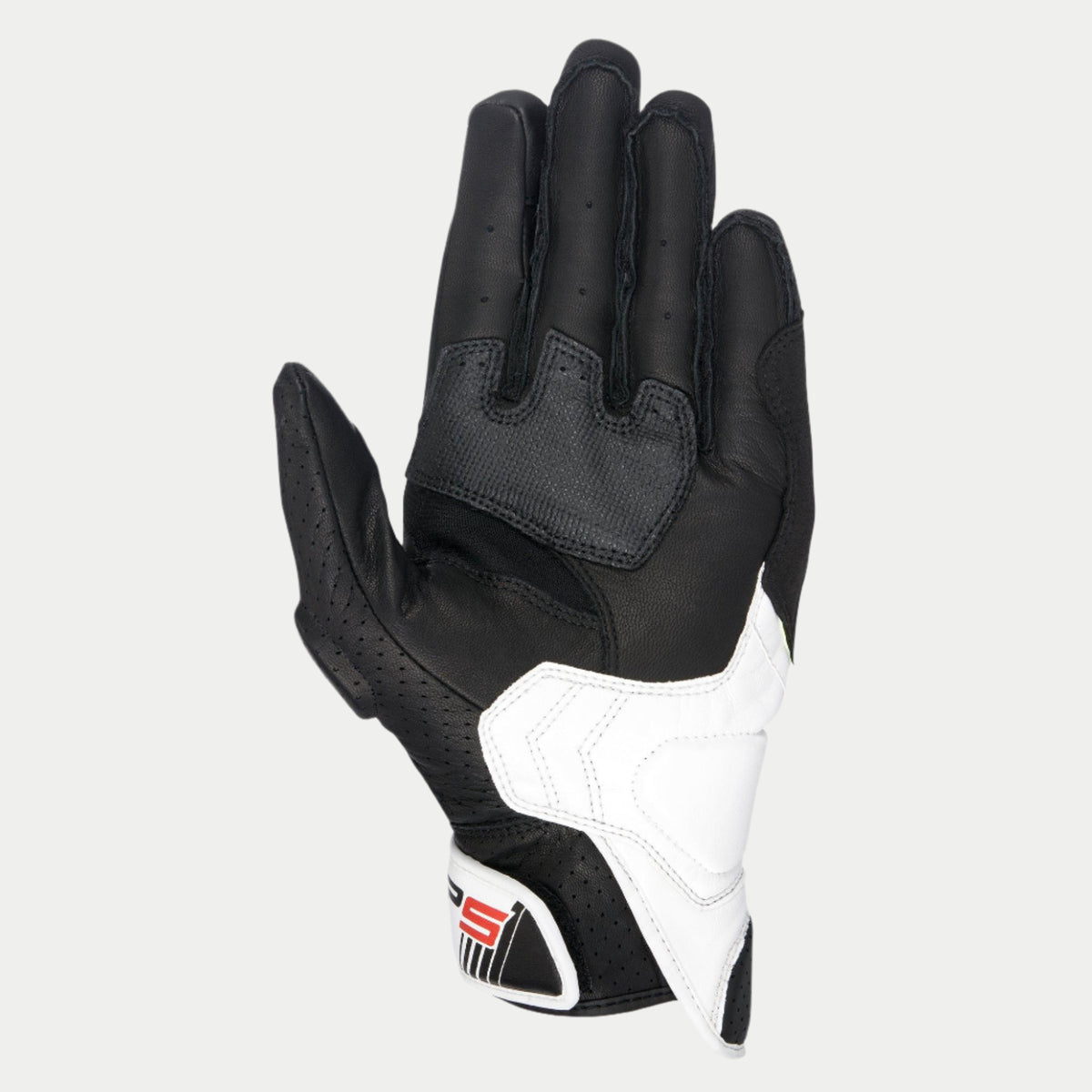 Luvas Alpinestars SP-5, vista da palma, couro preto e branco, com inserções de aderência em microfibra na palma e no polegar, couro perfurado para ventilação, reforço branco no lado do dedo mindinho e logótipo SP-5 no fecho do punho.