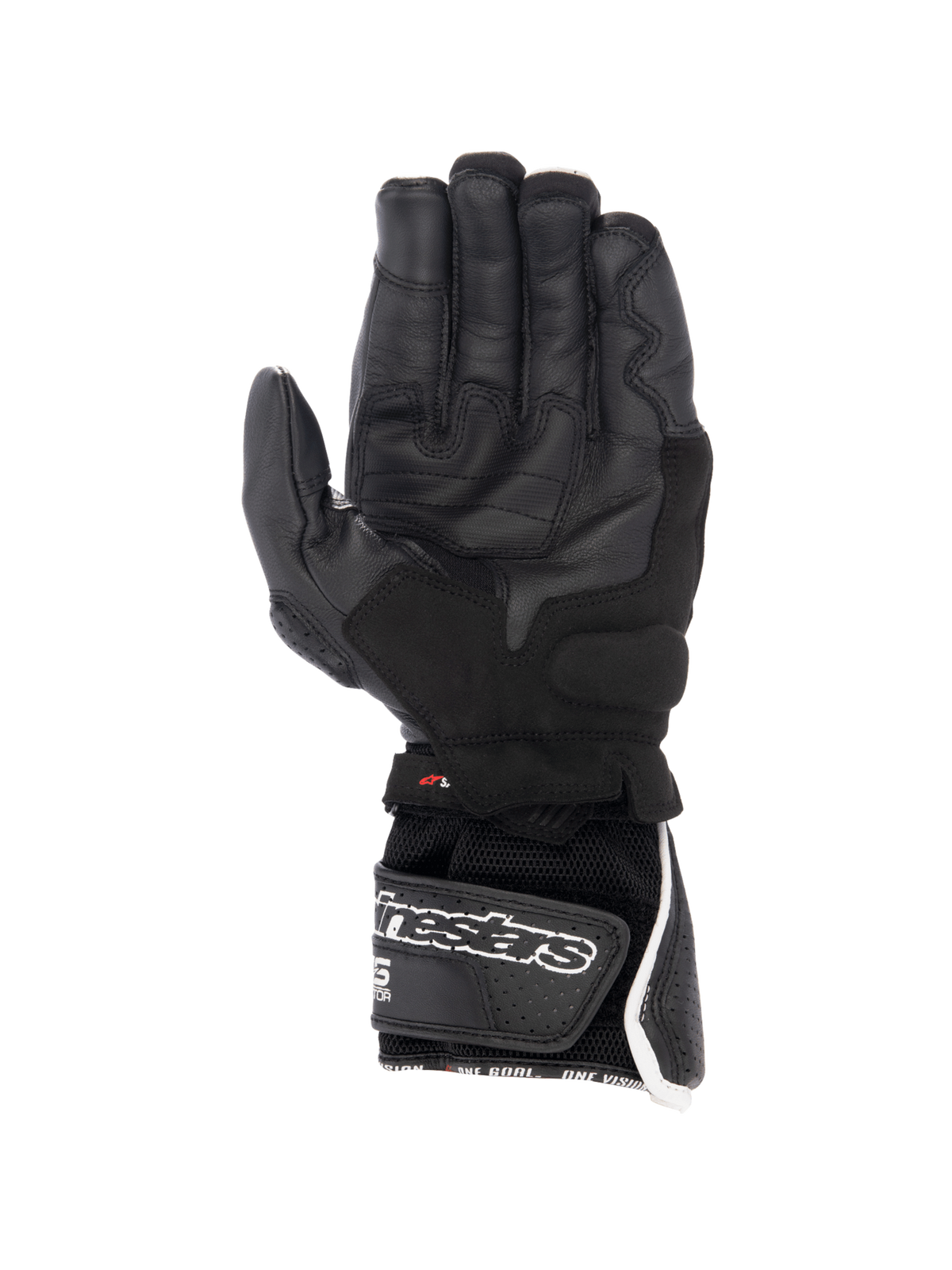 Alpinestars SP-8 V3 Air, luvas de moto para corrida para homem, pretas e brancas, vista da palma em couro perfurado e malha