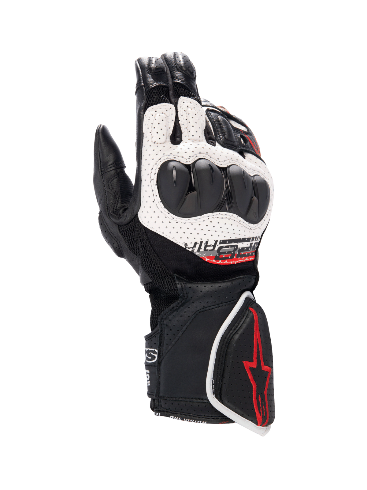 Alpinestars SP-8 V3 Air, luvas de moto para homem, pretas e brancas com proteção de articulações e pormenores vermelhos.
