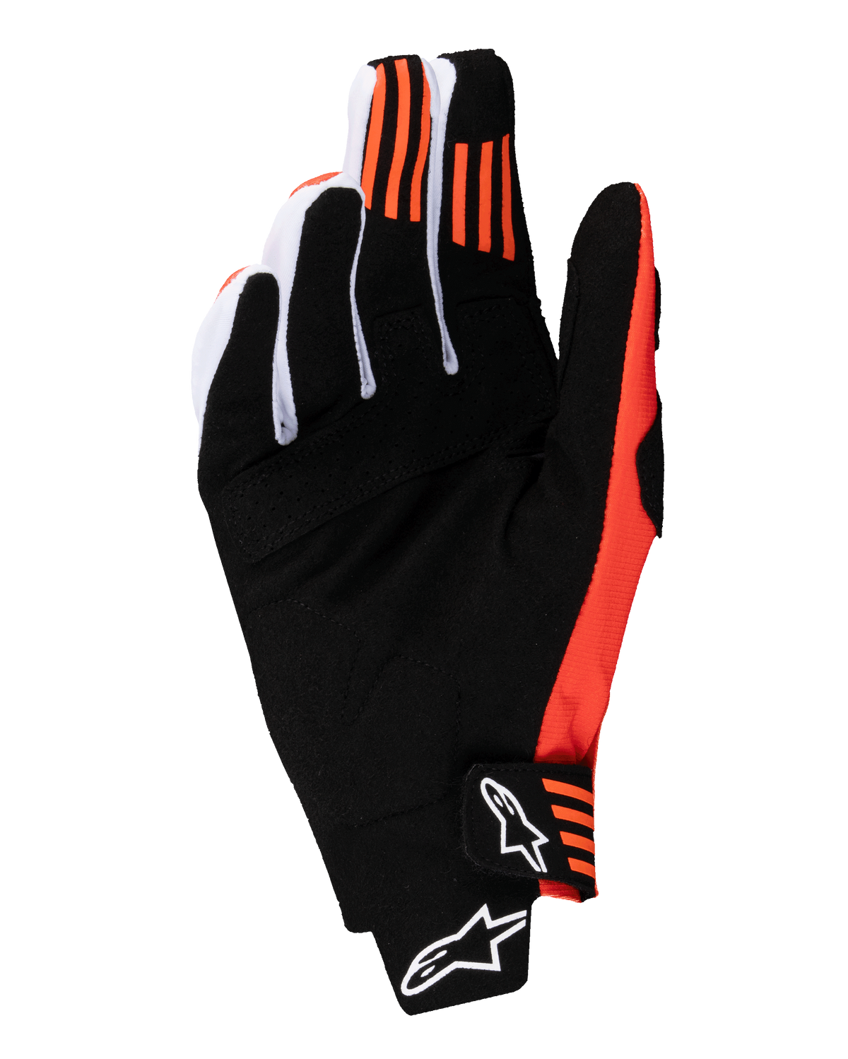 Alpinestars 2025 Techstar Gloves, luvas de motocross, pretas e laranja vibrante, vista da palma em camurça sintética, aderência de silicone laranja nas pontas dos dedos indicador e médio, fecho moldado com logótipo Alpinestars branco