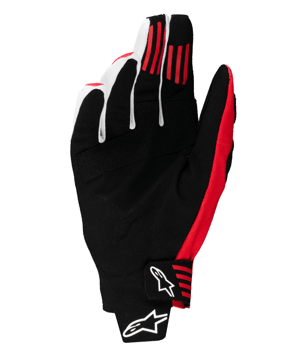 Alpinestars 2025 Techstar Gloves, luvas de motocross, preto e vermelho vivo, vista da palma com construção em camurça sintética, riscas de aderência em silicone vermelho nos dedos e fecho de pulso moldado com logótipos Alpinestars brancos
