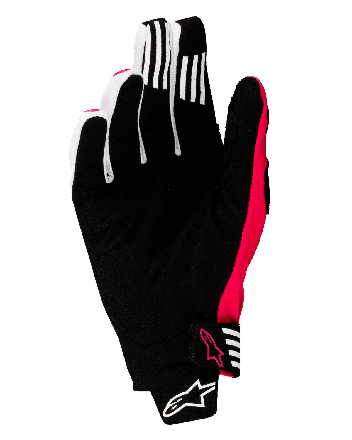 Luvas Alpinestars 2025 Techstar, luvas de motocross, pretas e rosa fluo, vista da palma com camurça sintética reforçada, riscas brancas de aderência nos dedos, detalhes e logótipos em rosa fluo, fecho de punho sem costuras com a marca Alpinestars