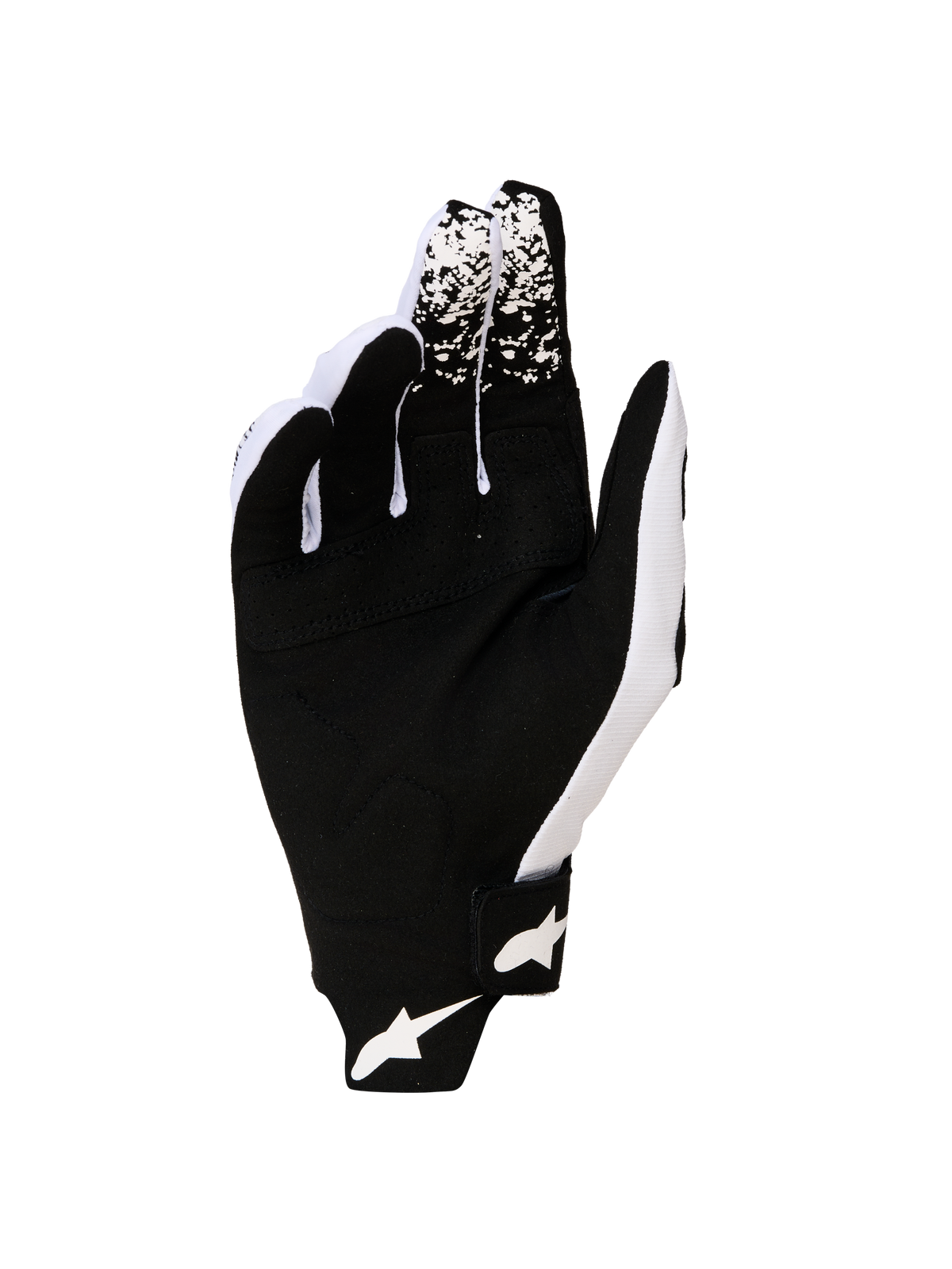 Alpinestars Luvas Techstar 2027, luvas de motocross para homem, pretas e brancas, vista da palma em camurça sintética durável para maior aderência e proteção em todo-o-terreno.