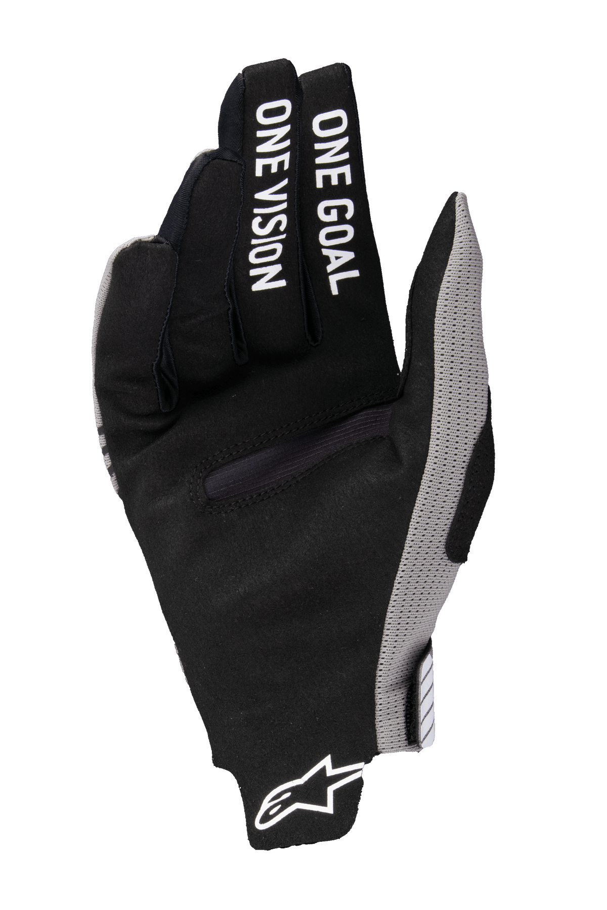 Luvas Alpinestars 2025 Radar Pro, luvas de motocross, pretas com detalhes em cinzento, vista da palma com 'ONE GOAL ONE VISION' impresso nos dedos, material em camurça sintética, design minimalista para desempenho em todo-o-terreno