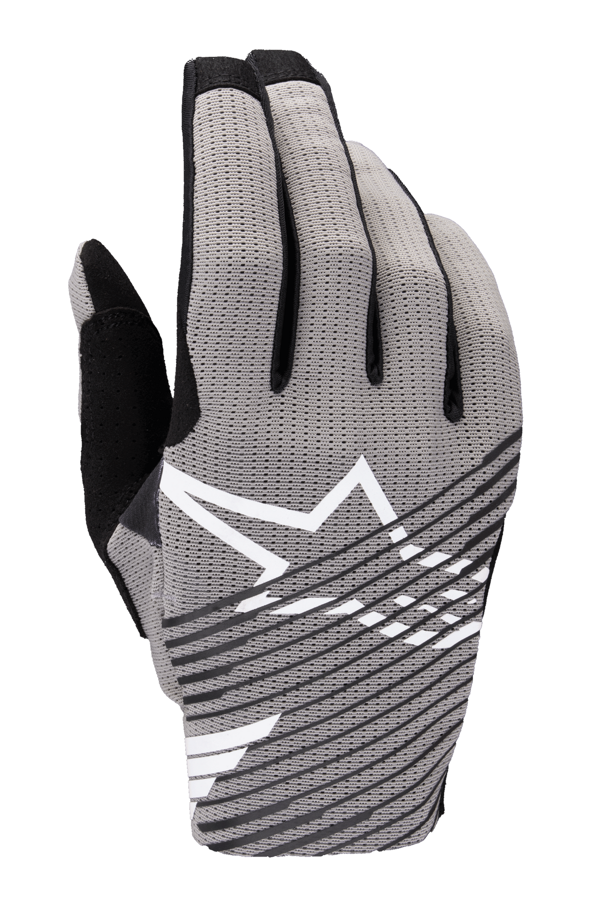 Alpinestars 2025 Radar Pro Gloves, luvas de motocross, cinzentas com detalhes pretos e brancos, com dorso em malha elástica de 4 vias respirável, logótipo de estrela branco, design de riscas diagonais pretas, estilo de corrida de performance minimalista
