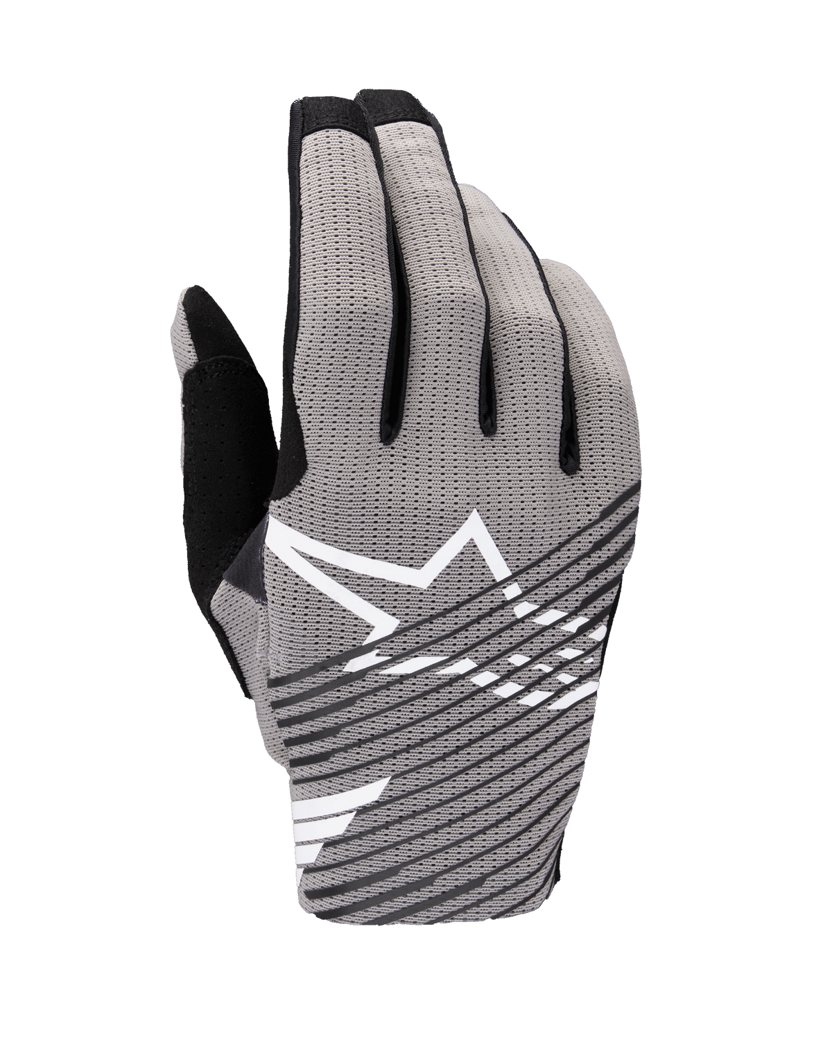 Alpinestars 2025 Radar Pro Gloves, luvas de motocross, cinzento e preto, vista do dorso com malha elástica de 4 vias respirável, logótipo de estrela branco com riscas diagonais pretas, concebidas para desempenho e fluxo de ar