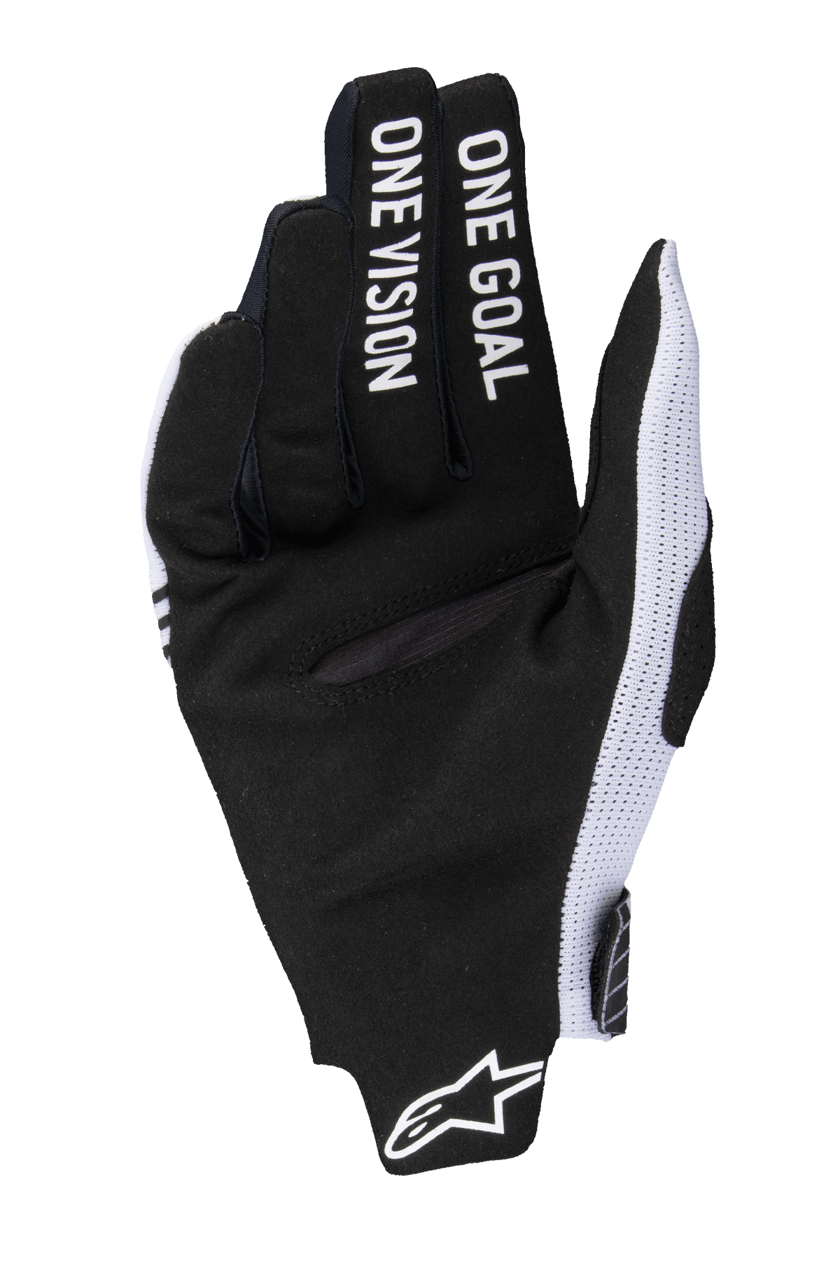 Alpinestars 2025 Radar Pro Gloves, luvas de motocross, brancas e pretas, vista da palma em camurça sintética preta com o texto 'ONE GOAL ONE VISION' nos dedos, painéis laterais em malha branca e logótipo Alpinestars no pulso