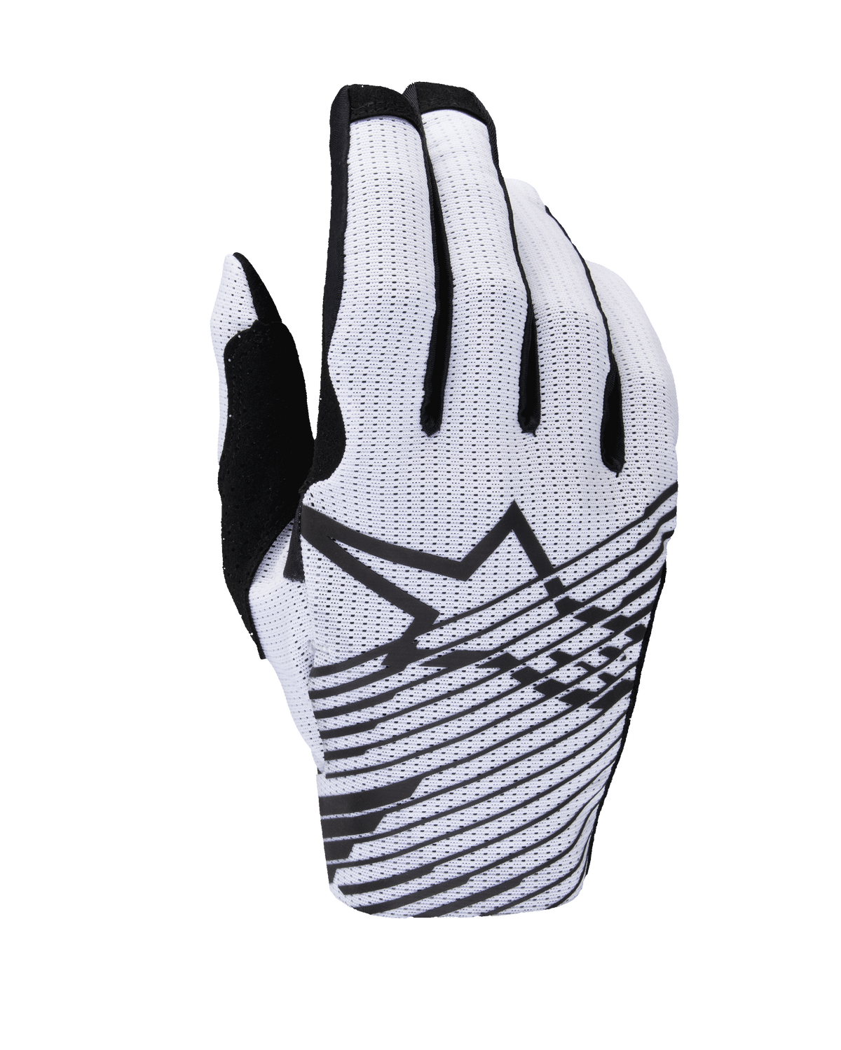 Alpinestars 2025 Radar Pro Gloves, luvas de motocross, brancas e pretas, vista do dorso com construção em malha perfurada, logótipo de estrela Alpinestars em preto com linhas gráficas horizontais e detalhes pretos nos dedos