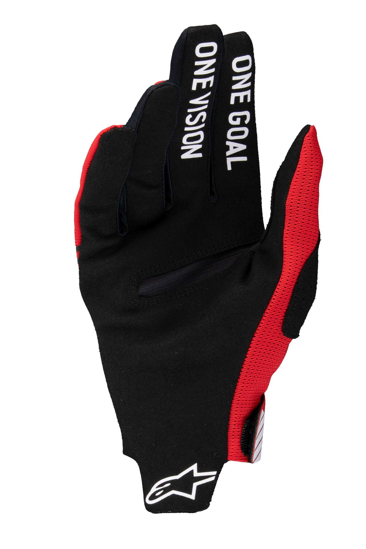 Alpinestars 2025 Radar Pro Gloves, luvas de motocross, vermelho vivo, palma em camurça sintética preta com o texto "ONE GOAL ONE VISION" nos dedos, detalhes em malha vermelha, logótipo Astars branco no punho, design minimalista para o máximo controlo