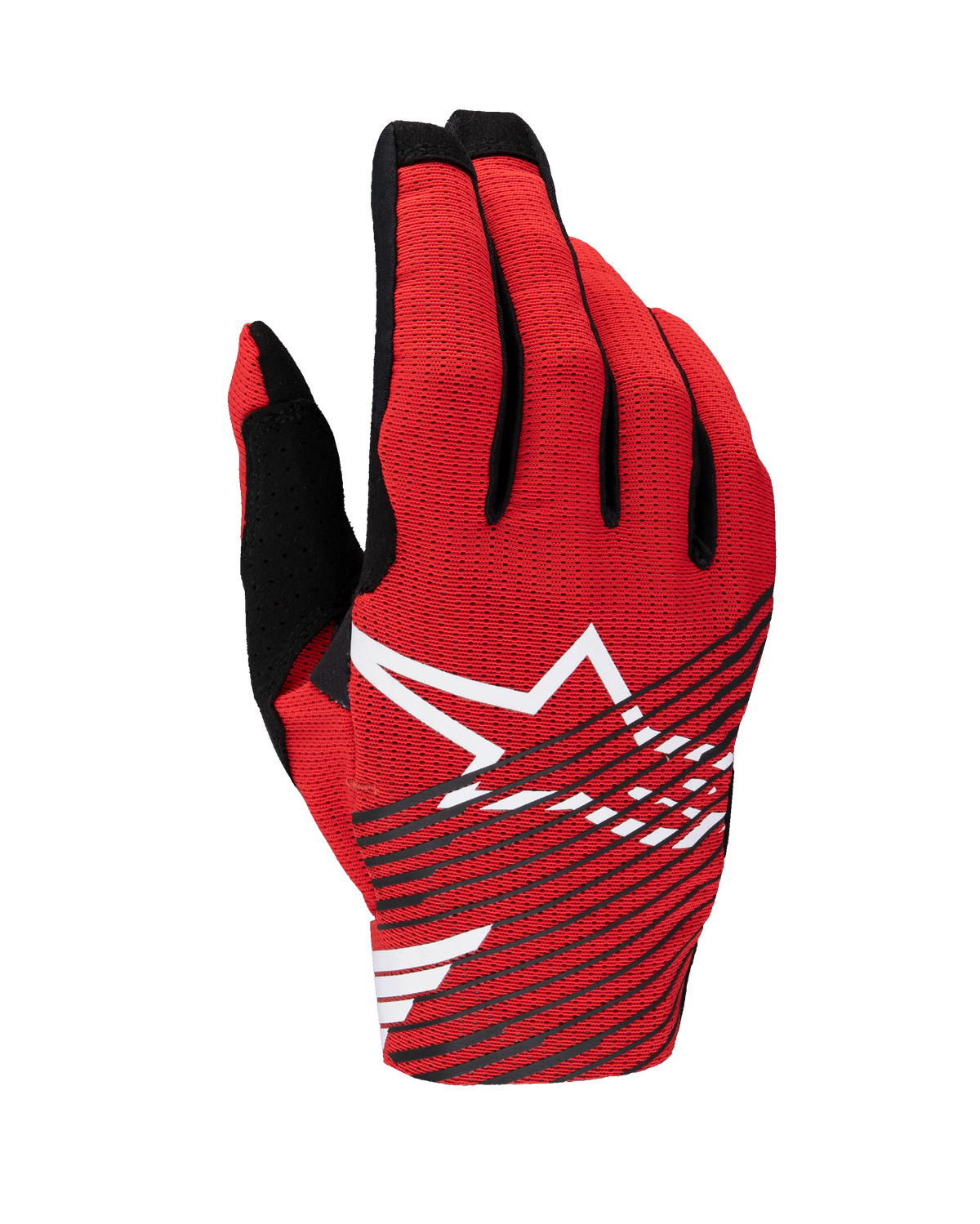 Alpinestars 2025 Radar Pro Gloves, luvas de motocross, vermelho vivo, preto e branco, com um logótipo de estrela branco grande e riscas diagonais pretas no dorso em malha respirável, equipamento de performance leve para corridas todo-o-terreno
