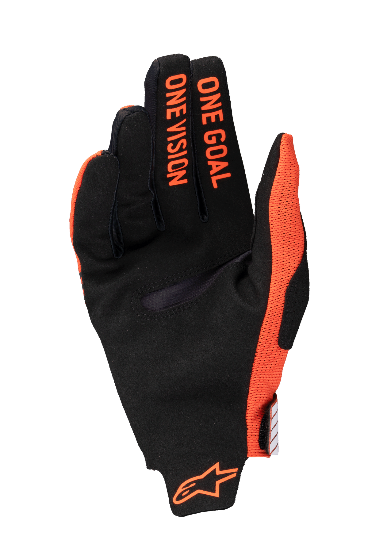Alpinestars 2025 Radar Pro Gloves, Motocross Gloves, Hot Orange and Black, palm view featuring 'ONE GOAL ONE VISION' text on fingers and orange logo at the wrist, synthetic suede and breathable mesh construction for off-road performance.