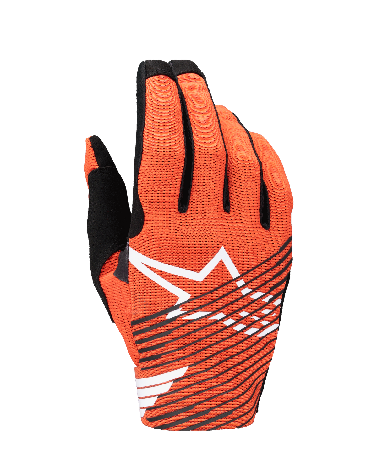 Alpinestars 2025 Radar Pro Gloves, Motocross Gloves, Hot Orange and Black, featuring a large white star logo and black diagonal stripes on a perforated mesh backhand, designed for lightweight performance and airflow