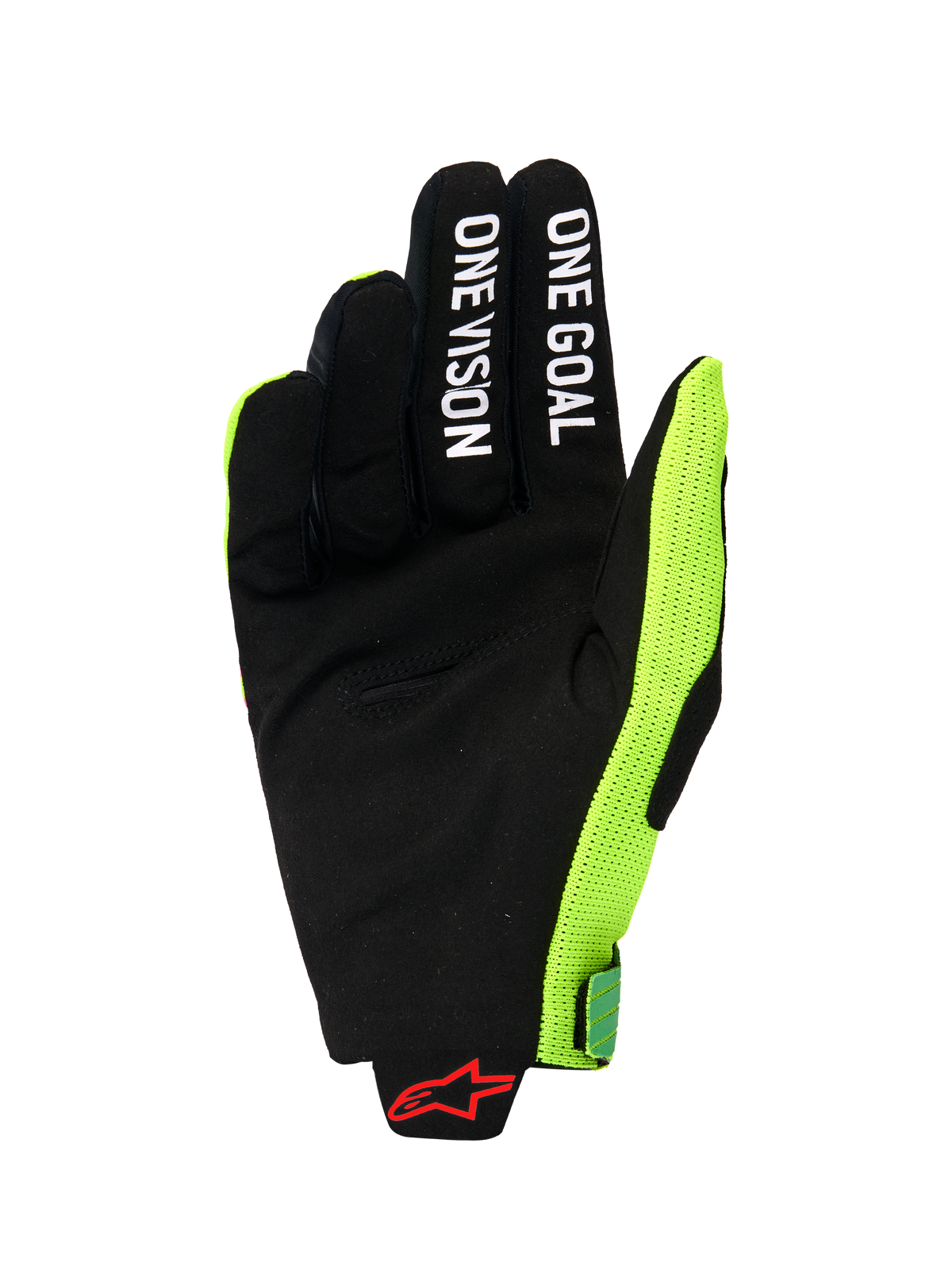 Alpinestars 2026 Radar Pro Gloves, vista da palma de uma luva de motocross, camurça sintética preta com texto branco 'ONE GOAL' e 'ONE VISION' nos dedos, painel lateral em malha amarelo fluo brilhante, logótipo Alpinestars vermelho no pulso, equipamento de performance minimalista para todo-o-terreno