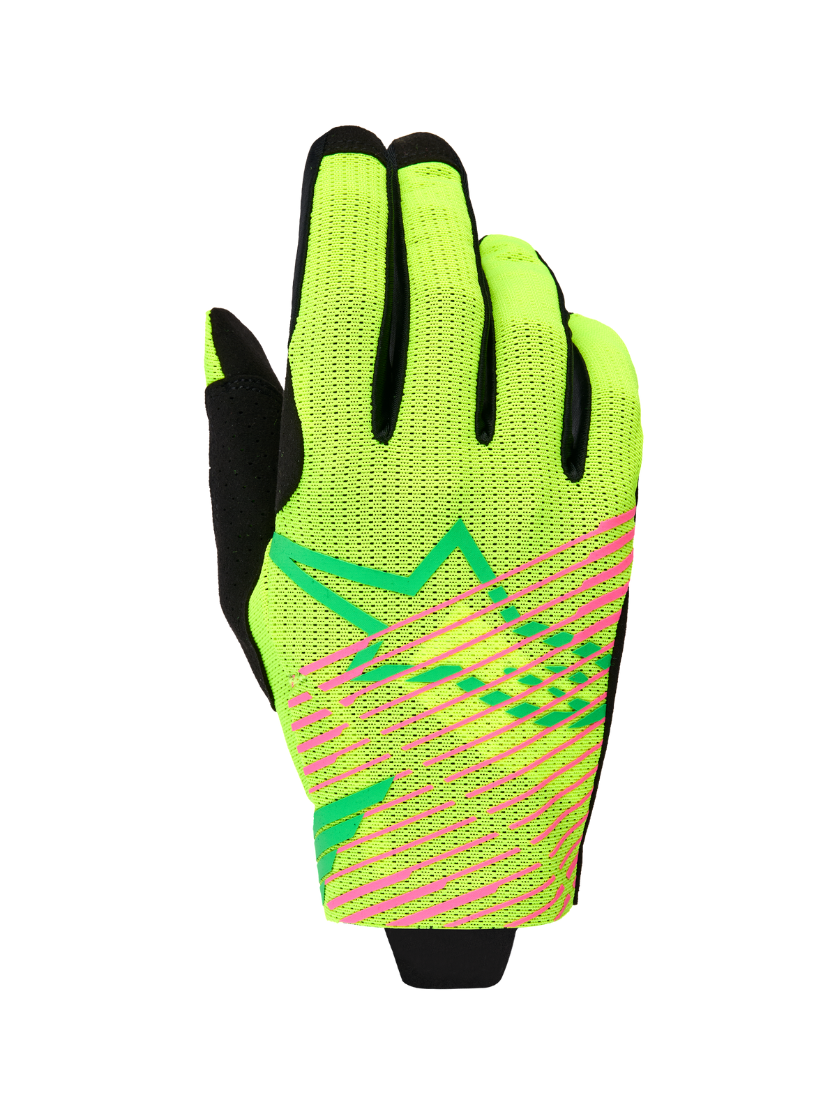 Alpinestars 2026 Radar Pro Gloves, luvas de motocross, verde amarelo fluorescente e rosa fluorescente, construção em malha de camada única com riscas diagonais cor-de-rosa e logótipo de estrela geométrica verde, equipamento leve de competição todo-o-terreno