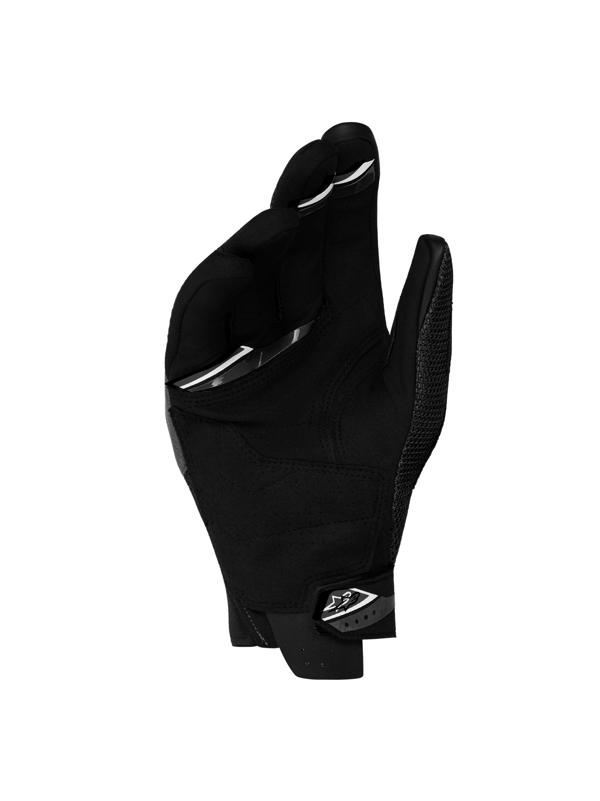 Megawatt V 2 Air da Alpinestars, luvas de moto para enduro, pretas, vista da palma a mostrar a construção em camurça sintética e punho em neoprene com fecho seguro