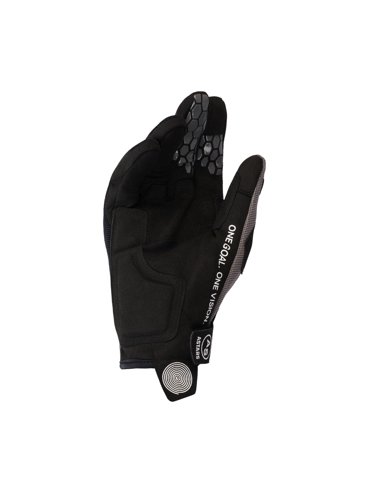 Alpinestars 2026 Pro-Dura Gloves, Preto Cinzento, vista da palma em camurça sintética e aderência em favo de mel de silicone nos dedos, com o texto 'ONE GOAL. ONE VISION.' e logótipo em espiral branco na aba de puxar, equipamento durável de motociclismo para todo-o-terreno