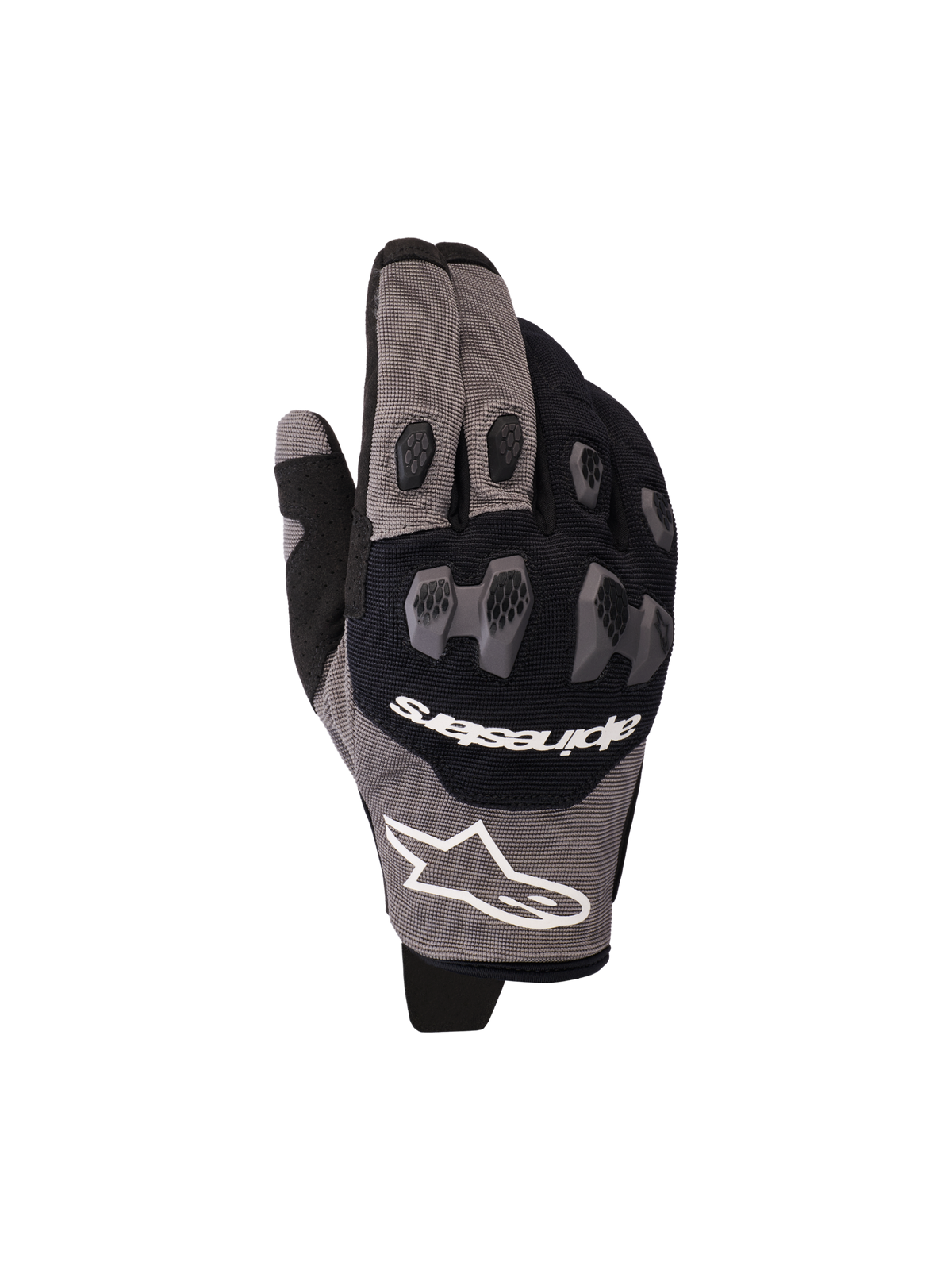Luvas Alpinestars 2026 Pro-Dura, luvas de motociclismo, pretas e cinzentas, com proteção de articulações em TPR de duas peças com padrão hexagonal, logótipo Alpinestars branco, construção em malha e múltiplos painéis elásticos, concebidas para performance em condução de enduro e todo-o-terreno
