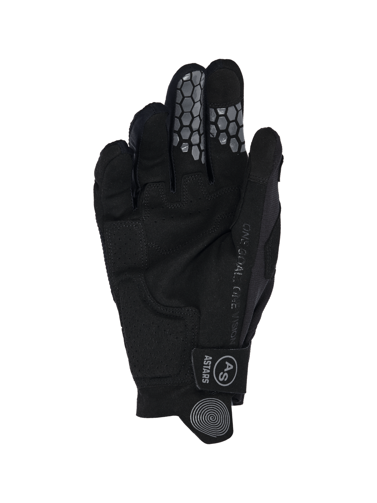 Luvas Alpinestars 2026 Pro-Dura, vista da palma, camurça sintética preta com reforços perfurados, aderência de silicone em padrão de favo de mel nos dedos indicador e médio, texto 'ONE GOAL. ONE VISION' e correia de pulso com logótipo Astars.