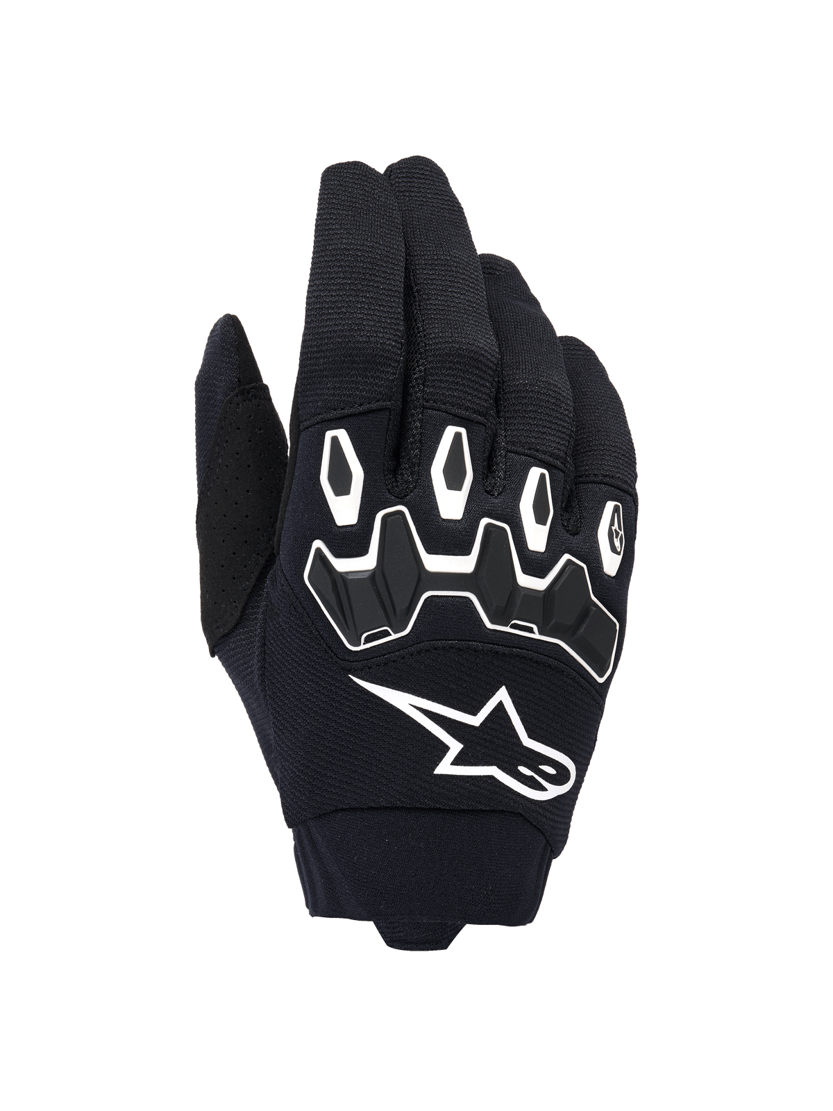 Alpinestars Full Bore V2 Gloves, Motocross Gloves, Black and White, backhand view showing ergonomic TPR knuckle protection with hexagonal shapes, white Alpinestars logo, breathable stretch textile construction, durable off-road racing gear