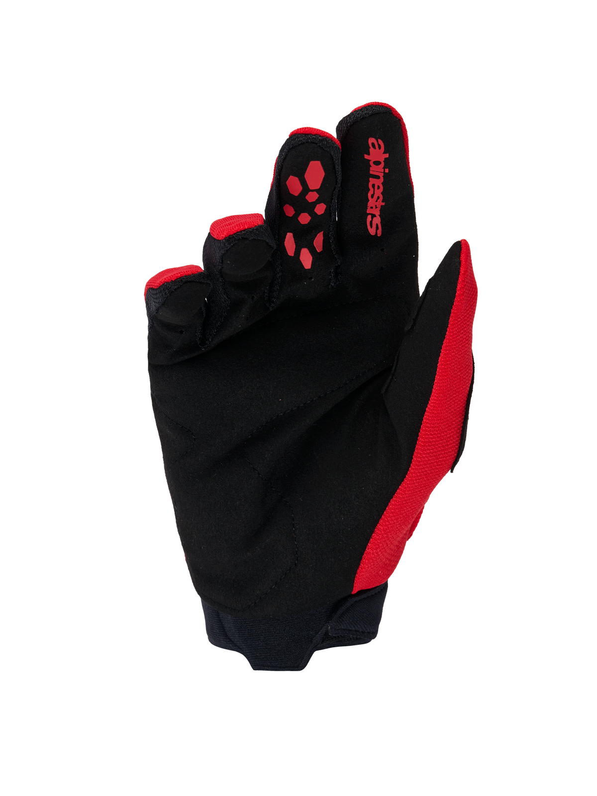 Alpinestars Full Bore V2 Gloves, Motocross Gloves, Bright Red and Black, palm view featuring reinforced black synthetic suede, red silicone grip on index finger, Alpinestars branding, and neoprene cuff