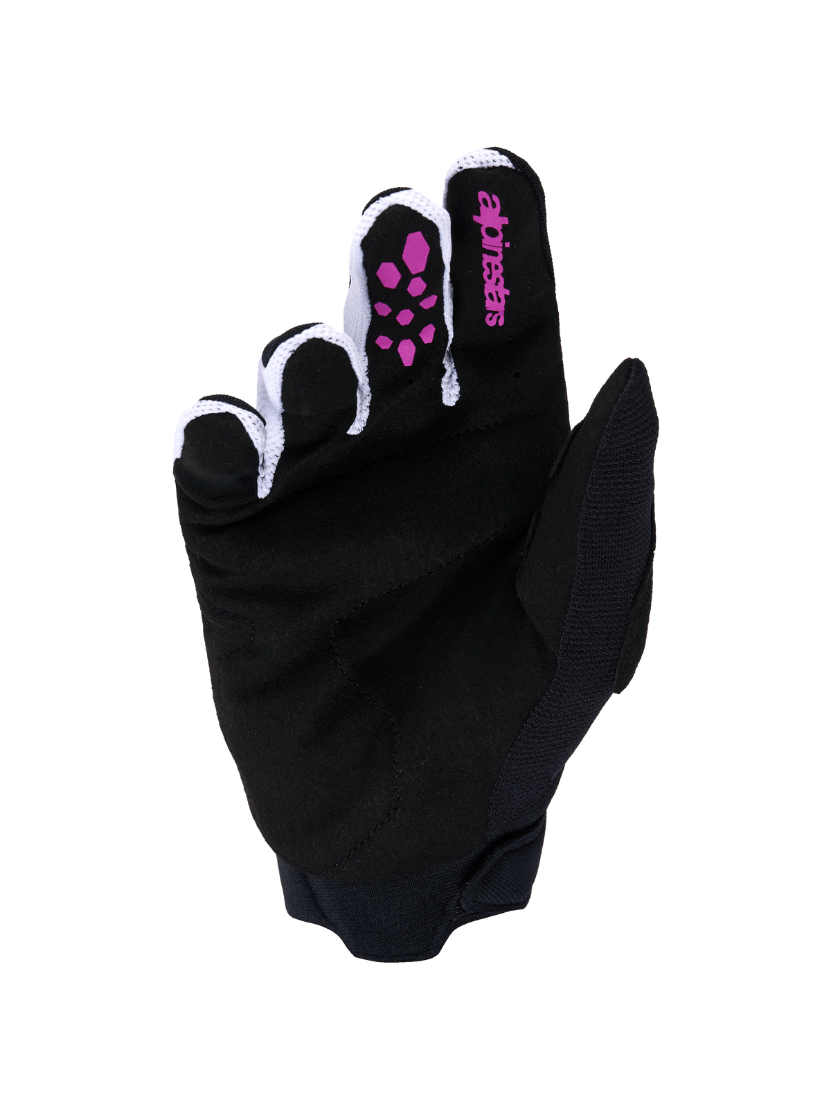 Luvas Alpinestars Full Bore V2, luvas de motocross, roxas e pretas, vista da palma com camurça sintética preta, aderência de silicone roxa nos dedos, logótipo Alpinestars no dedo indicador, malha ventilada branca entre os dedos e punho em neoprene preto