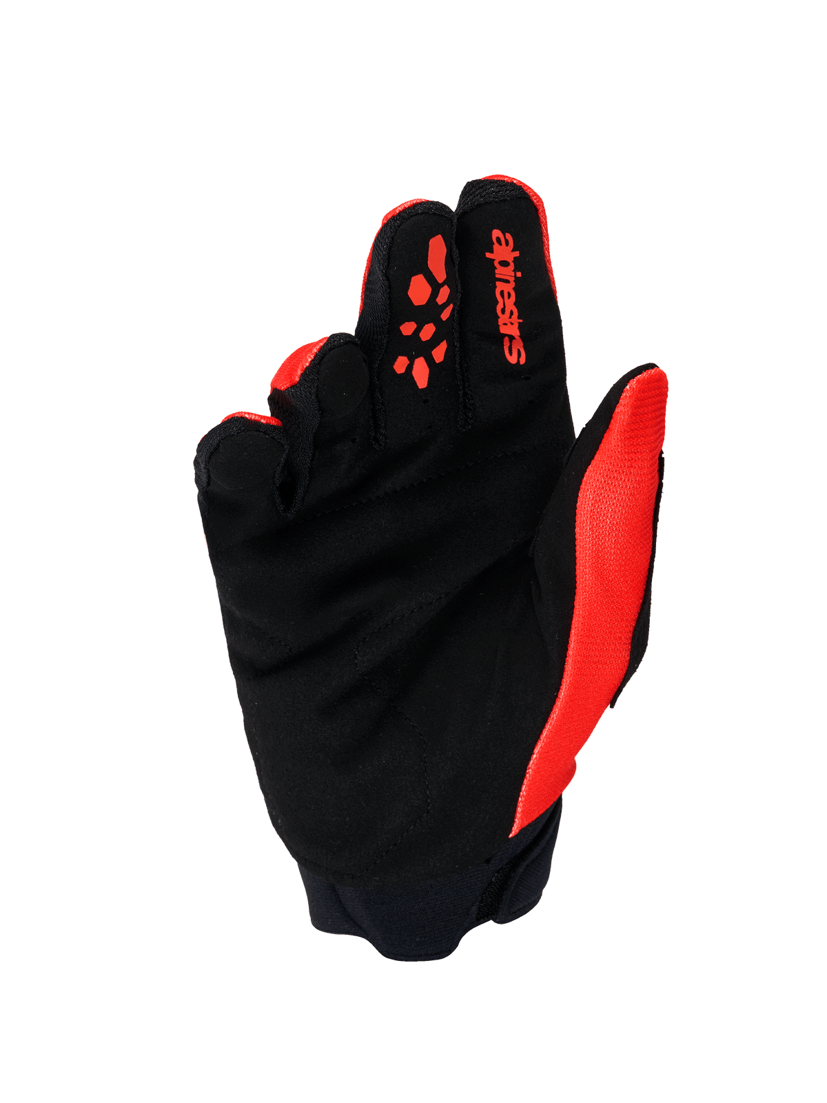 Luvas Alpinestars Full Bore V2, luvas de motocross, laranja e preto, vista da palma com palma em camurça sintética reforçada, elementos de aderência em silicone laranja nos dedos, logótipo Alpinestars vermelho no dedo indicador e punho de neoprene