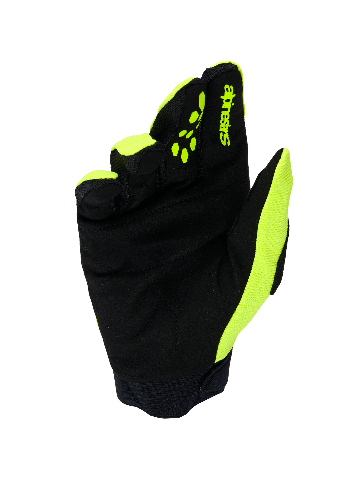 Luvas Alpinestars Full Bore V2, luvas de motocross, amarelo néon e preto, vista da palma com camurça sintética reforçada, punho de neoprene e detalhes em amarelo vibrante nas laterais e nos dedos