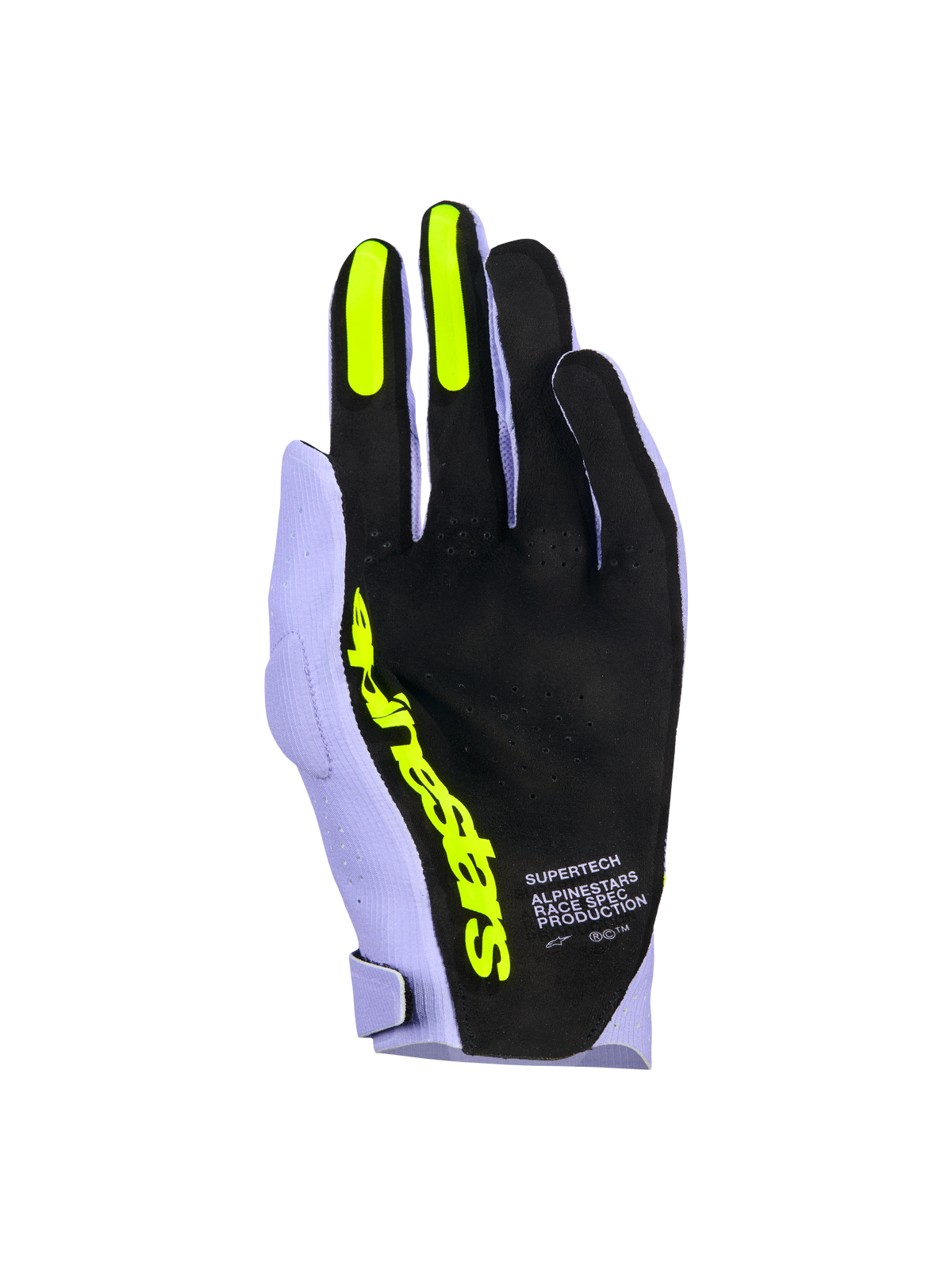 Alpinestars Supertech MX Gloves, luvas de motocross, violeta lavanda e amarelo néon, vista da palma com material preto perfurado, aderências de silicone em amarelo néon nos dedos indicador e médio, logótipo Alpinestars em amarelo e texto 'Race Spec Production', equipamento de corrida de alta performance para todo-o-terreno