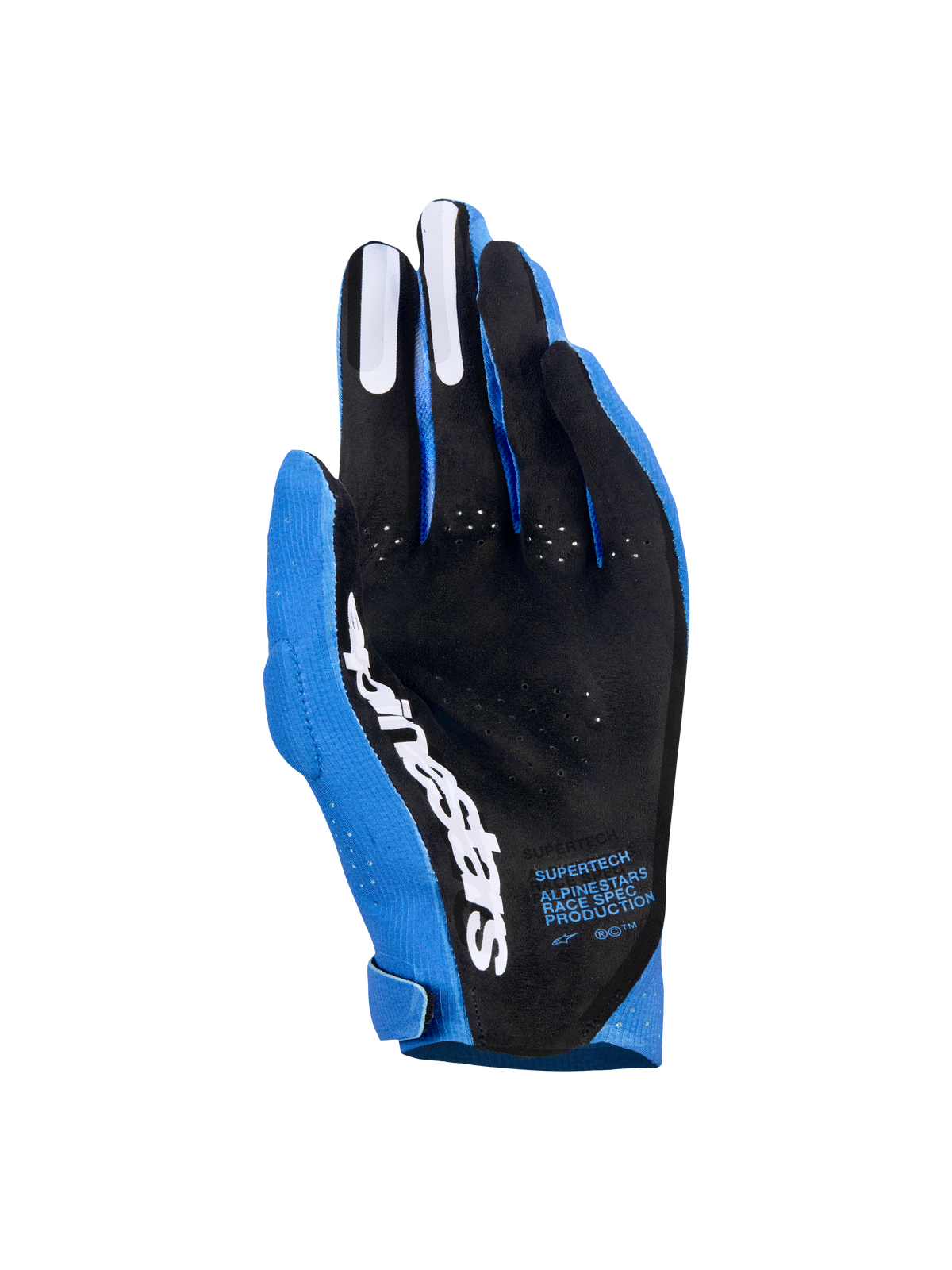 Luvas Alpinestars Supertech MX, luvas de motocross, azul Ucla e azul escuro com detalhes brancos, vista da palma em material perfurado preto, logótipo Alpinestars branco, elementos de aderência em silicone nos dedos e texto técnico, equipamento profissional de corrida todo-o-terreno