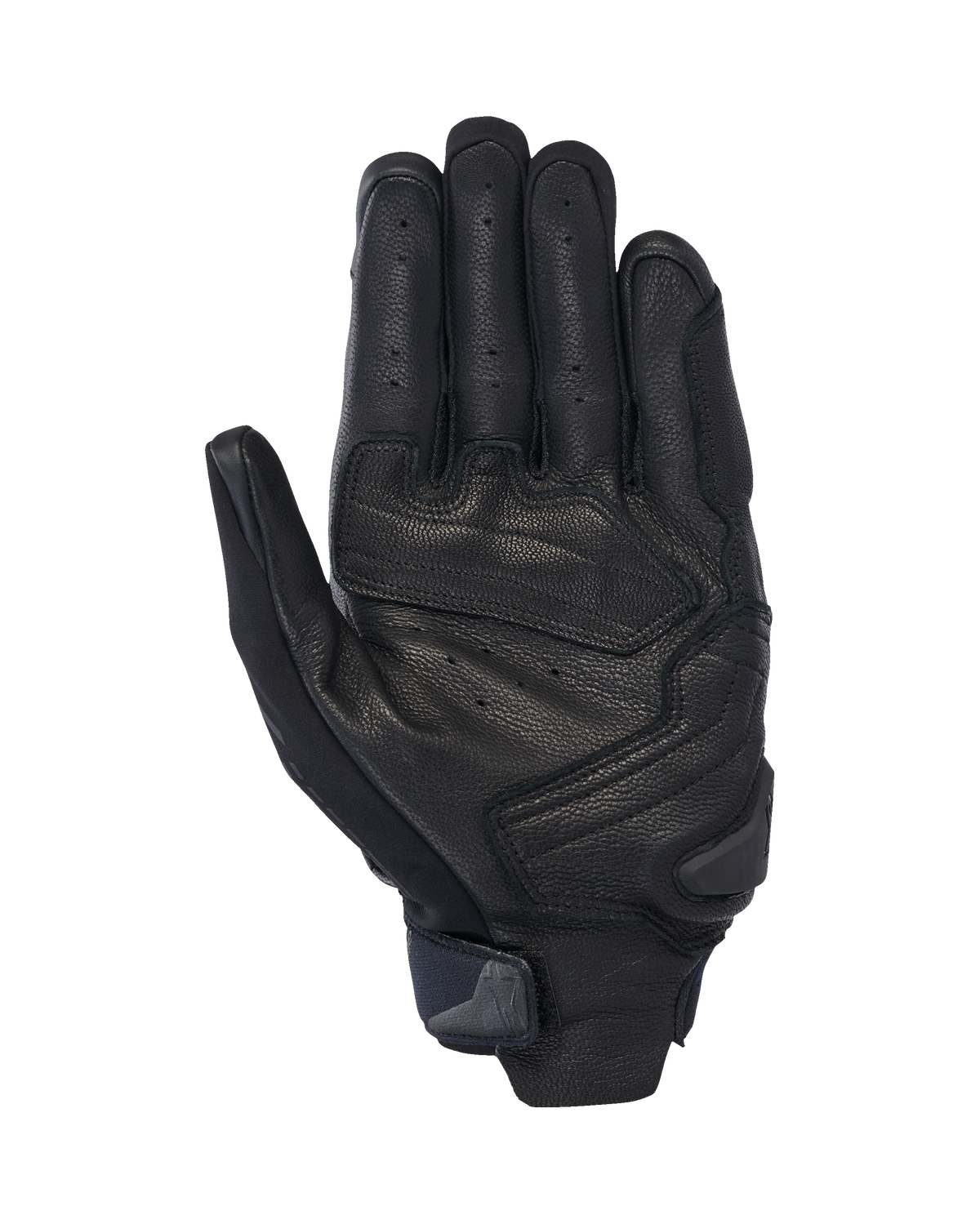 Luvas Alpinestars SP X 7, luvas curtas de motociclismo, pretas, vista da palma mostrando o couro perfurado para ventilação, reforços na palma com um deslizador e tira de pulso compacta com aba de puxar integrada