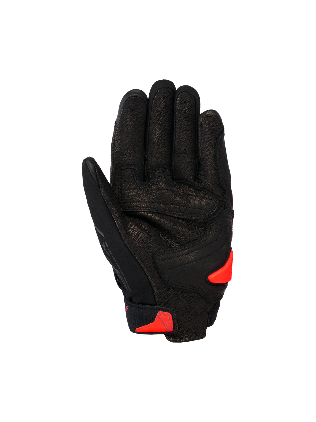 Luvas Alpinestars SP X 7, luvas curtas desportivas de motociclismo, pretas com detalhes em vermelho fluo, vista da palma mostrando a construção em couro perfurado, zona da palma reforçada e deslizador de palma em TPR.
