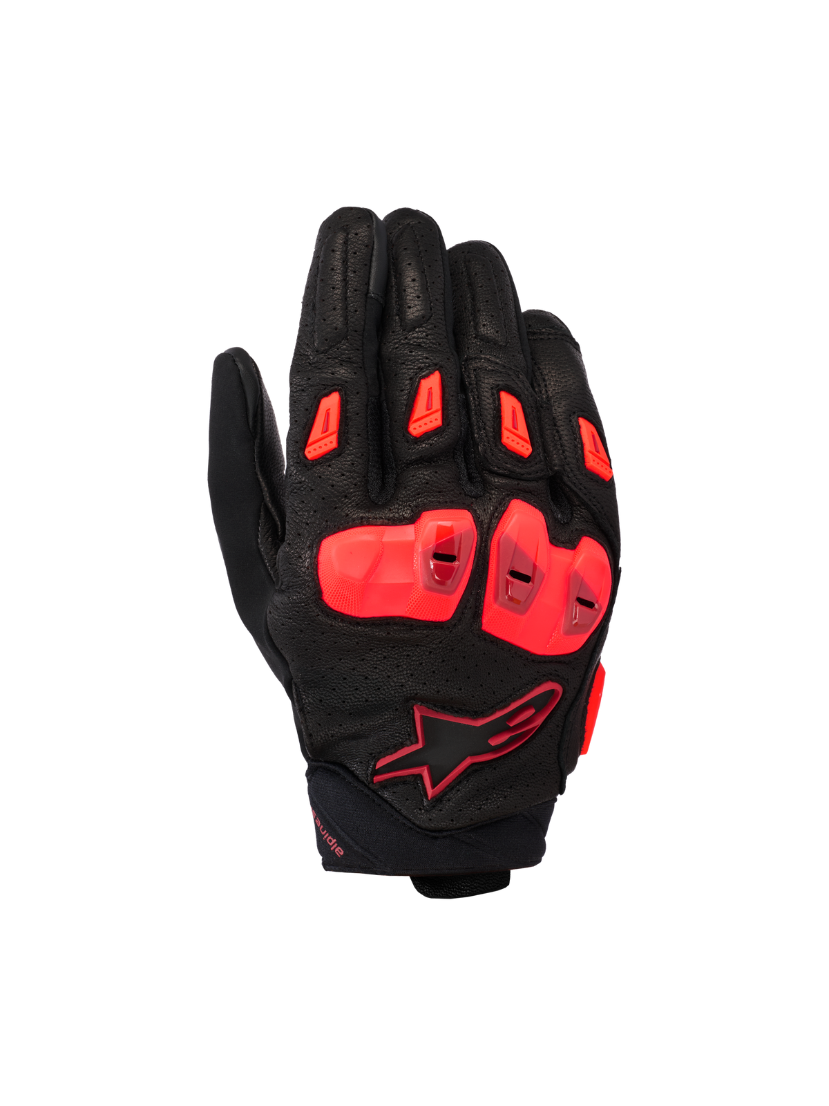 Luvas Alpinestars SP X 7, luvas desportivas de motociclismo de cano curto, pretas e vermelho fluo, com estrutura em couro perfurado, proteção de nós dos dedos em TPU de dupla densidade, sliders de dedos em TPR e design de punho compacto