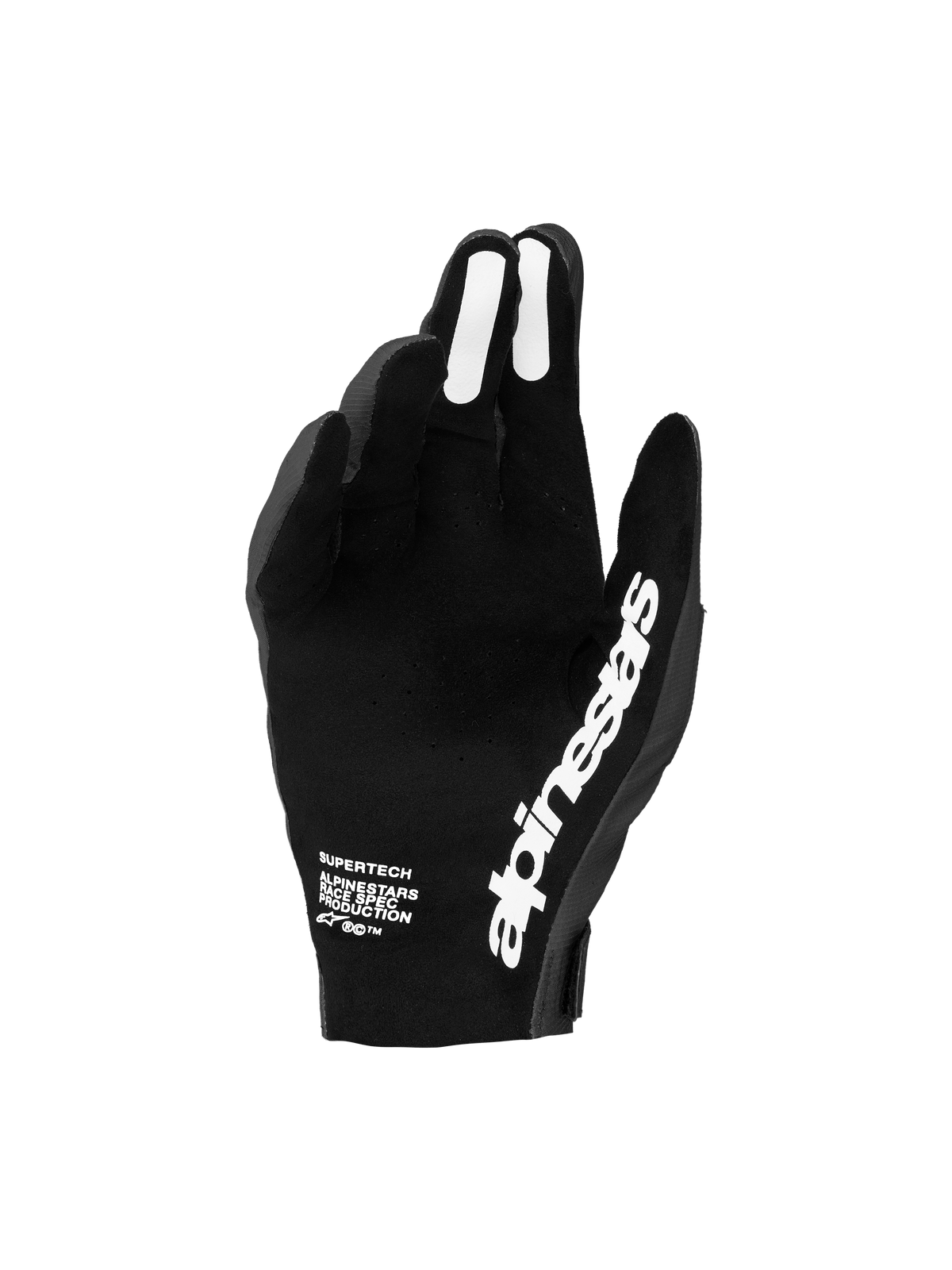 Luvas de motocross Alpinestars Supertech MX 2027 para homem, pretas e brancas, com palma perfurada e aderência de silicone.