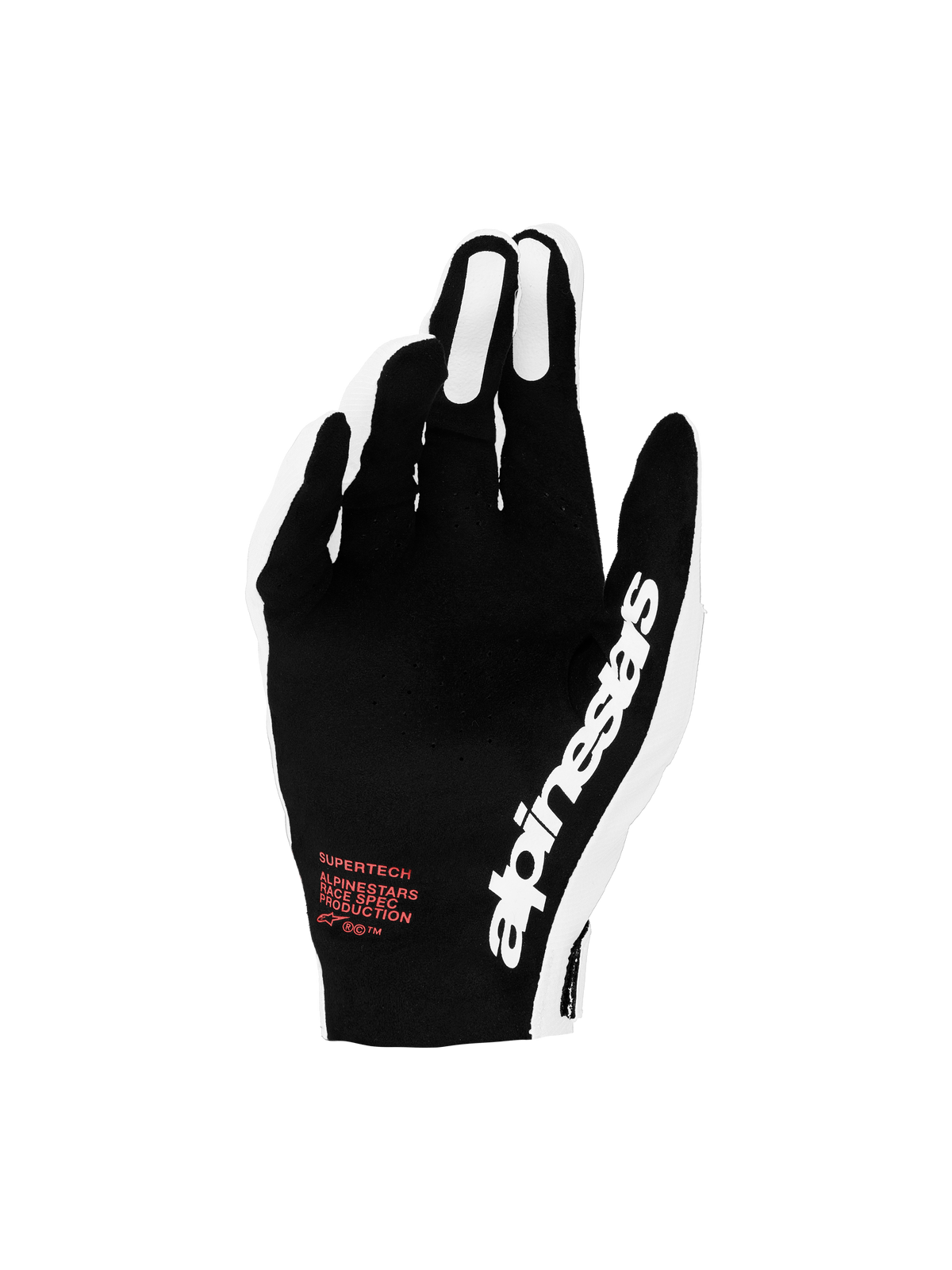 Alpinestars Supertech MX 2027, luvas de motocross para corrida, pretas e brancas com pormenores vermelhos e dorso perfurado.
