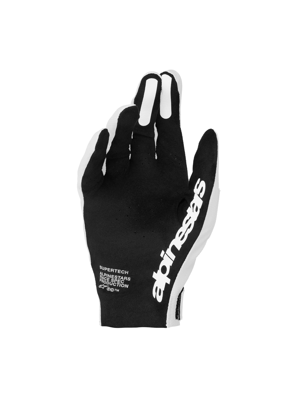 Luvas Supertech MX Alpinestars, luvas de motocross para homem, pretas e brancas, com palmas perfuradas para maior ventilação e controlo preciso em corrida.